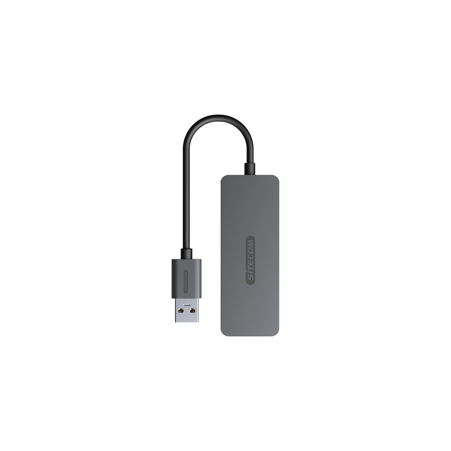 Grey USB hub with a cable and a USB connector, on a white background.