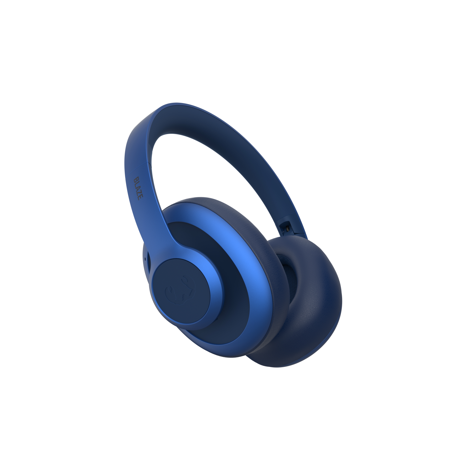 Niebieskie słuchawki na białym tle. Słowo BLAZE znajduje się z boku.