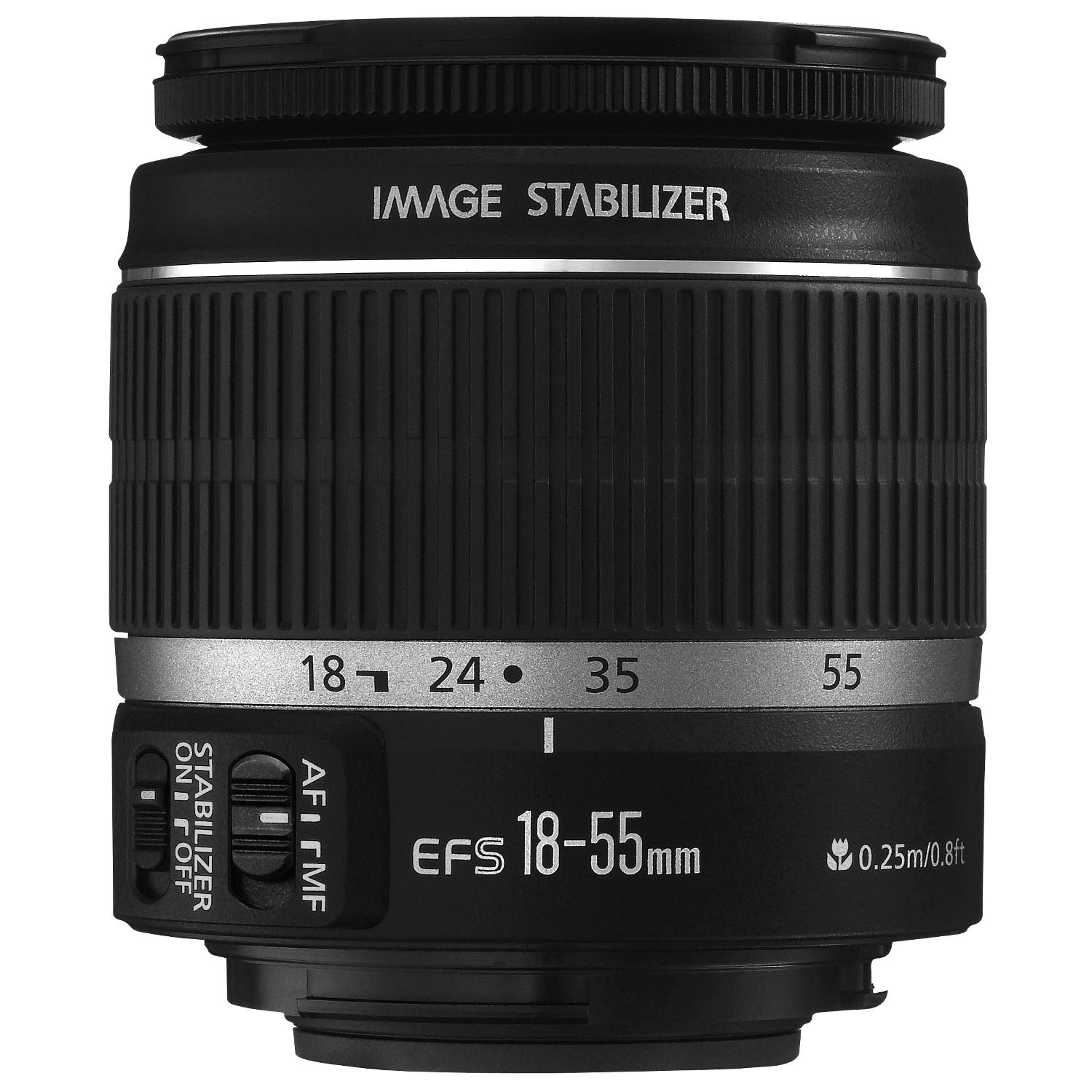Ein schwarzes Canon-Kameraobjektiv mit der Aufschrift "IMAGE STABILIZER" und Zahlen.