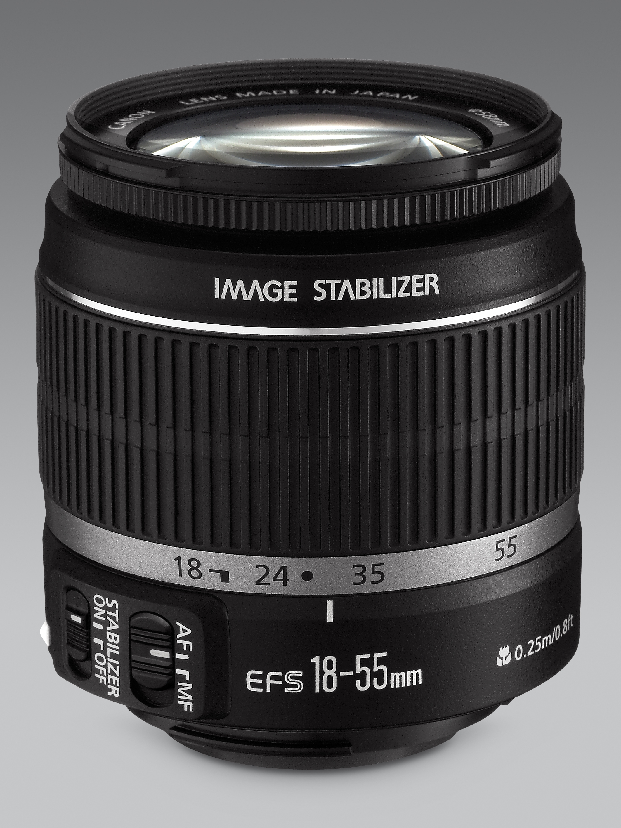 Ein schwarzes Canon-Kameraobjektiv mit der Aufschrift "IMAGE STABILIZER" und Zahlen.