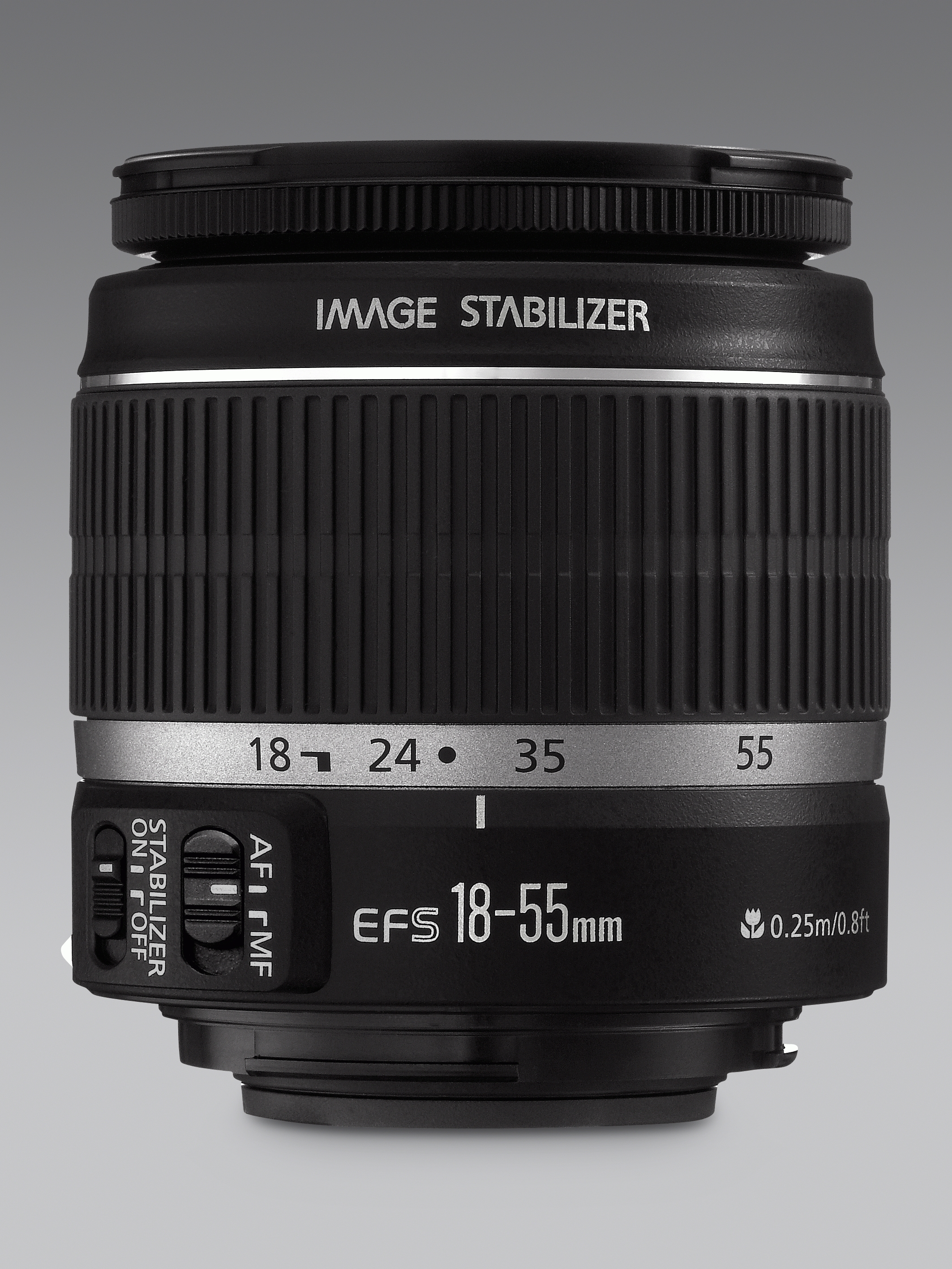 Ein schwarzes Canon-Kameraobjektiv mit der Aufschrift "IMAGE STABILIZER" und Zahlen.