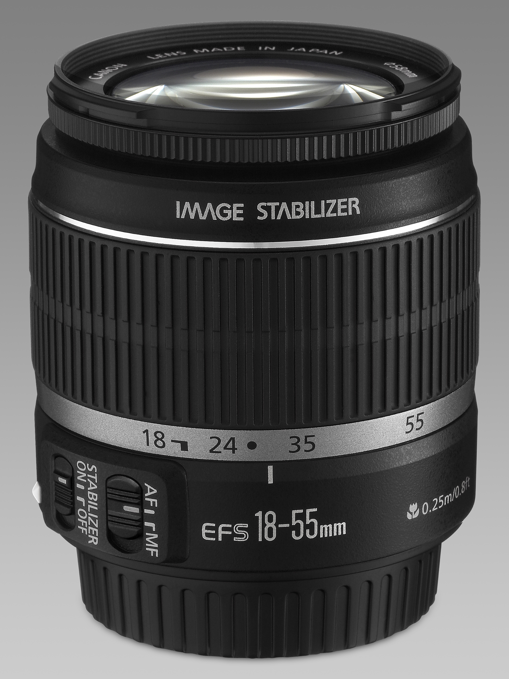 Ein schwarzes Canon-Kameraobjektiv mit der Aufschrift "IMAGE STABILIZER" und Zahlen.