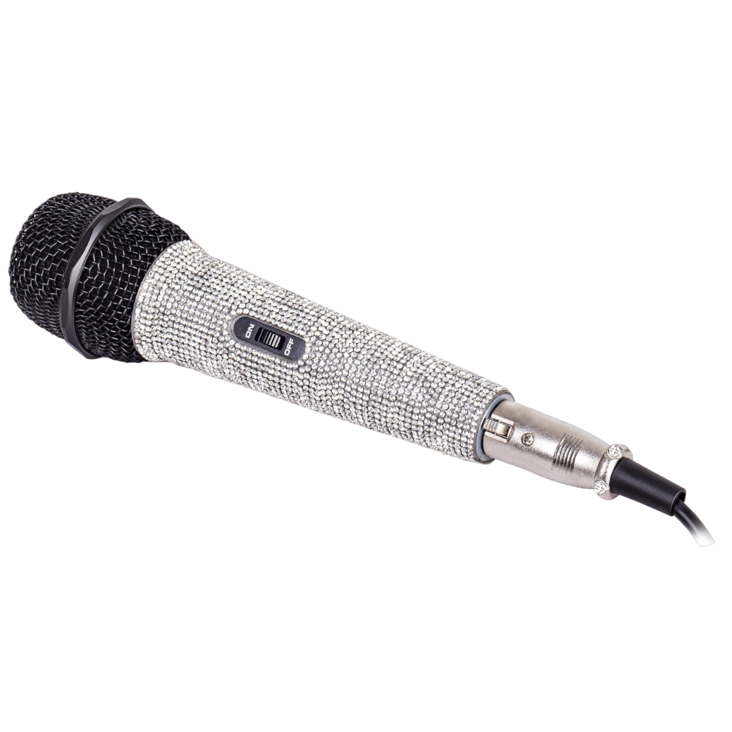 Mikrofon wysadzany kamieniami. Mikrofon jest pokryty dżetami i ma czarną siatkową głowicę.