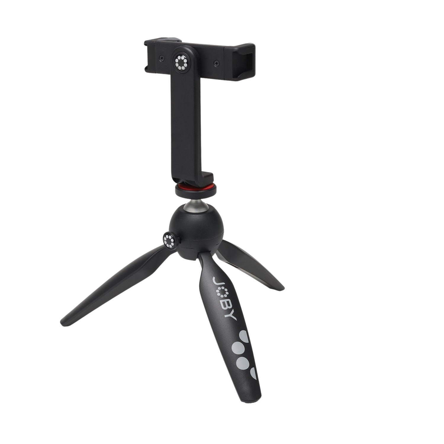 A black tripod with a phone mount. It is on a black background.