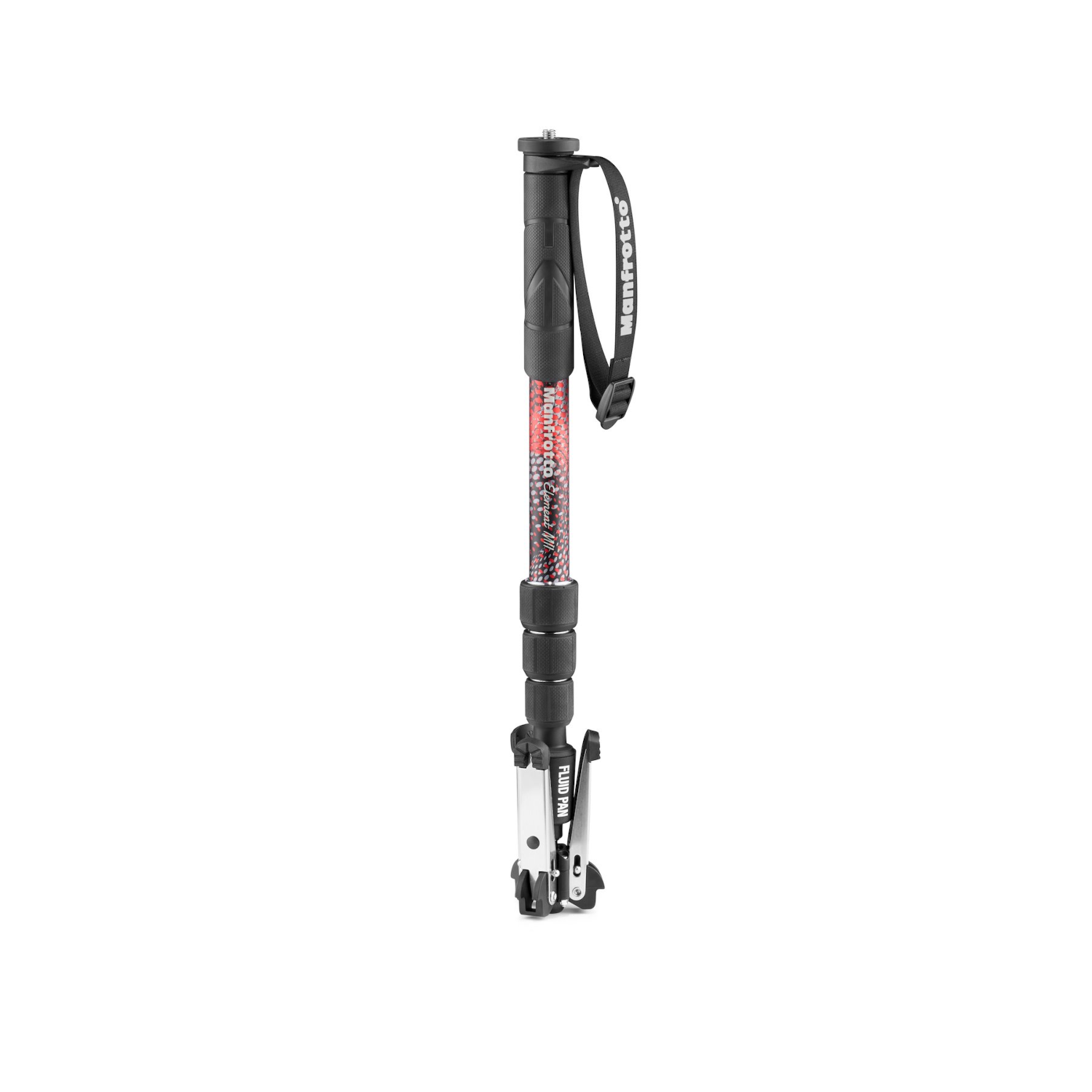 Un trípode de cámara negro y rojo con el logotipo de Manfrotto sobre fondo blanco.