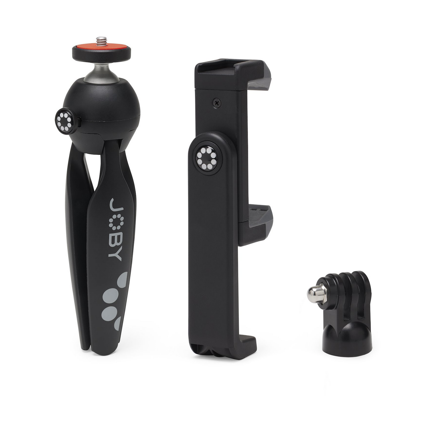 Black JOBY tripod with phone holder and GoPro mount, white background.
