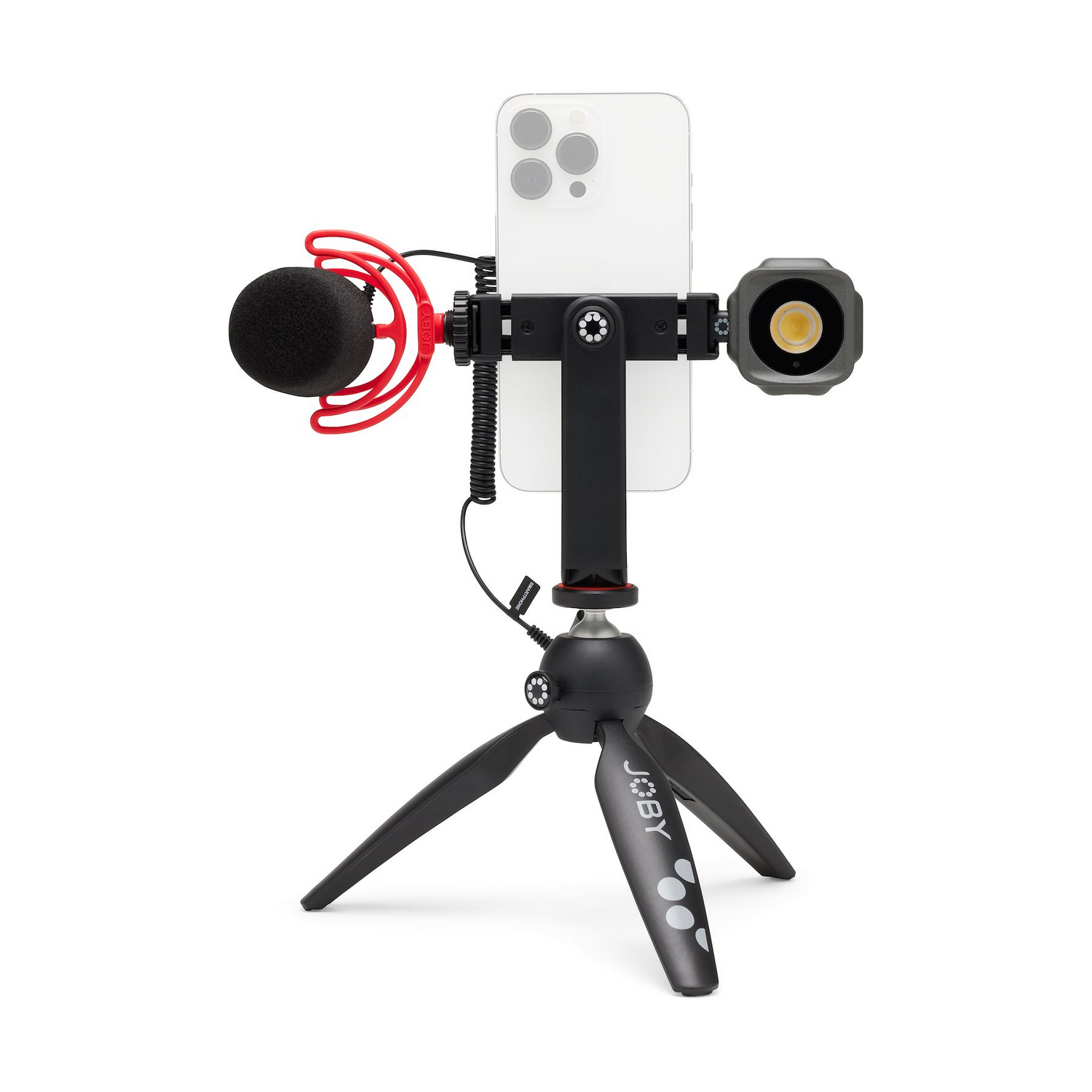 Smartphone mounted on a tripod with a microphone and a light attached. White background.