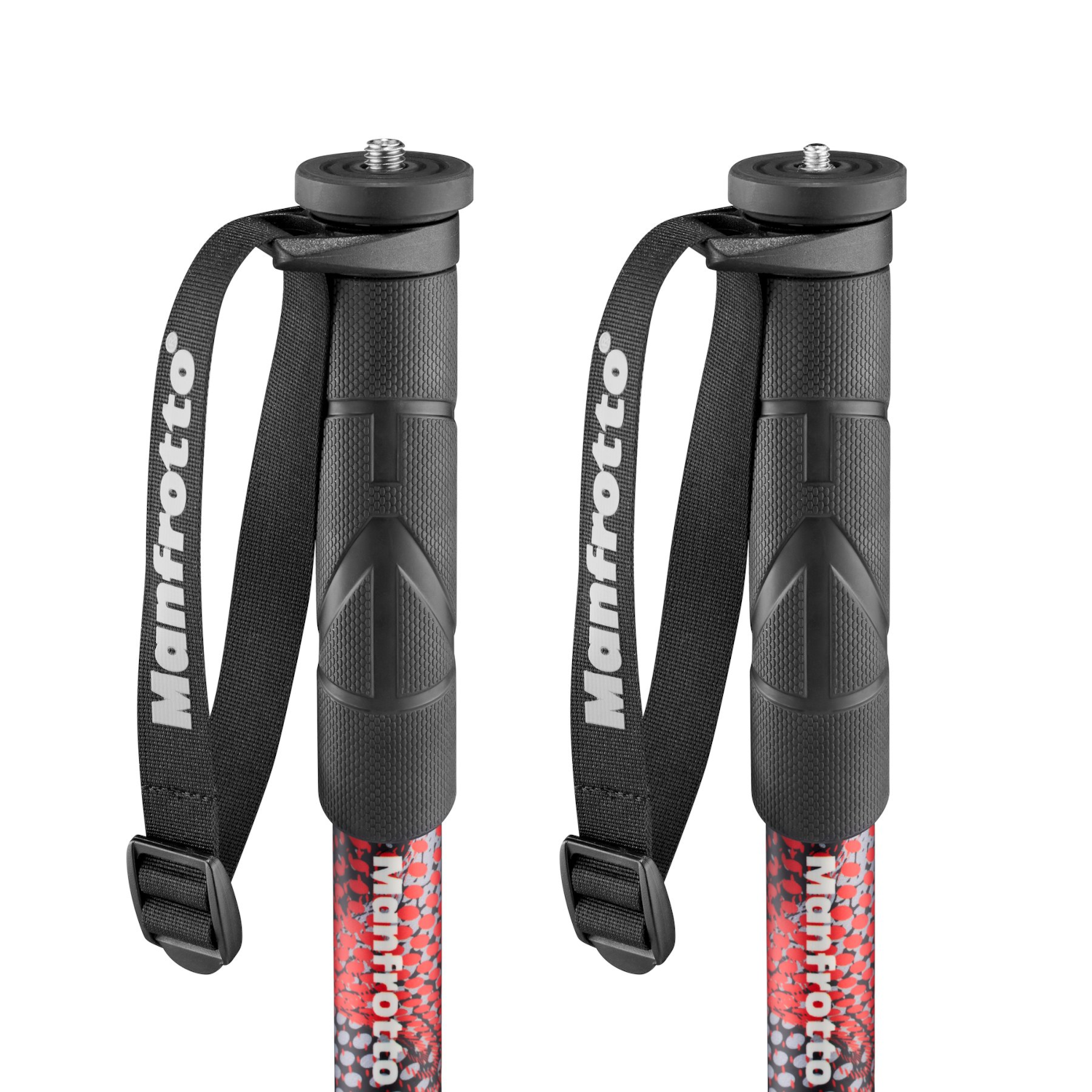 Dos bastones de trekking Manfrotto negros y rojos con correas y la marca Manfrotto sobre un fondo blanco.