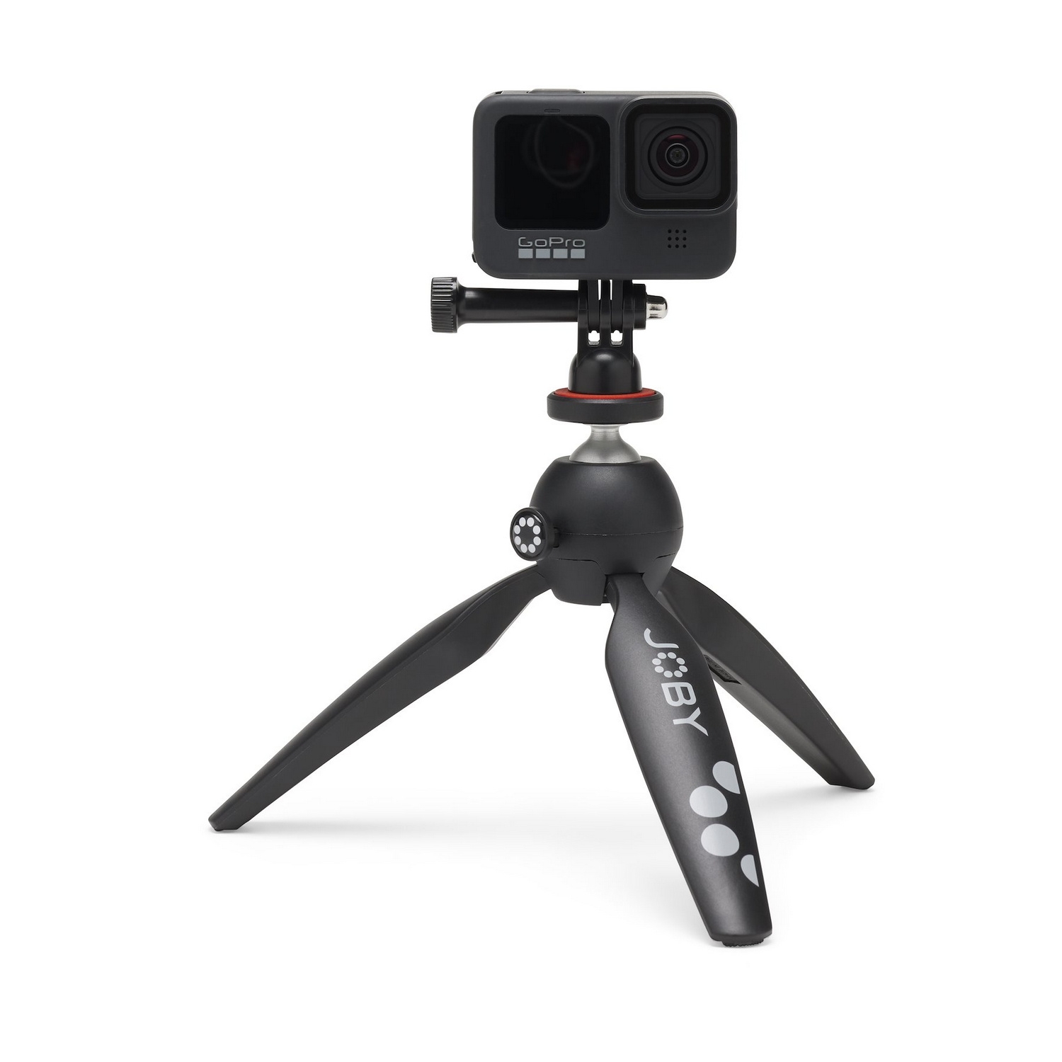 Black GoPro camera on a black tripod. Tripod legs are spread out.