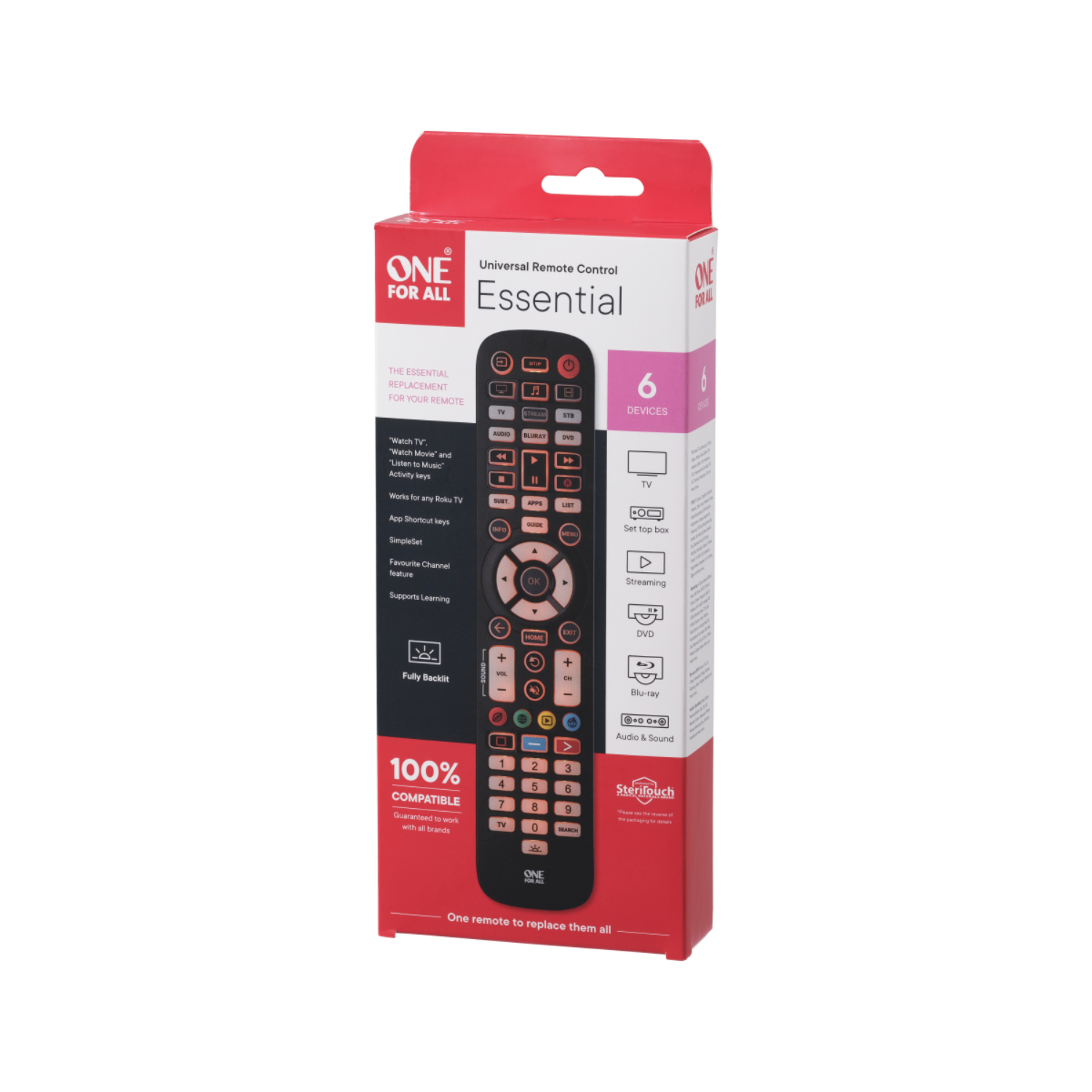 Czerwone pudełko uniwersalnego pilota. Tekst i obrazy wskazują funkcje i kompatybilność.