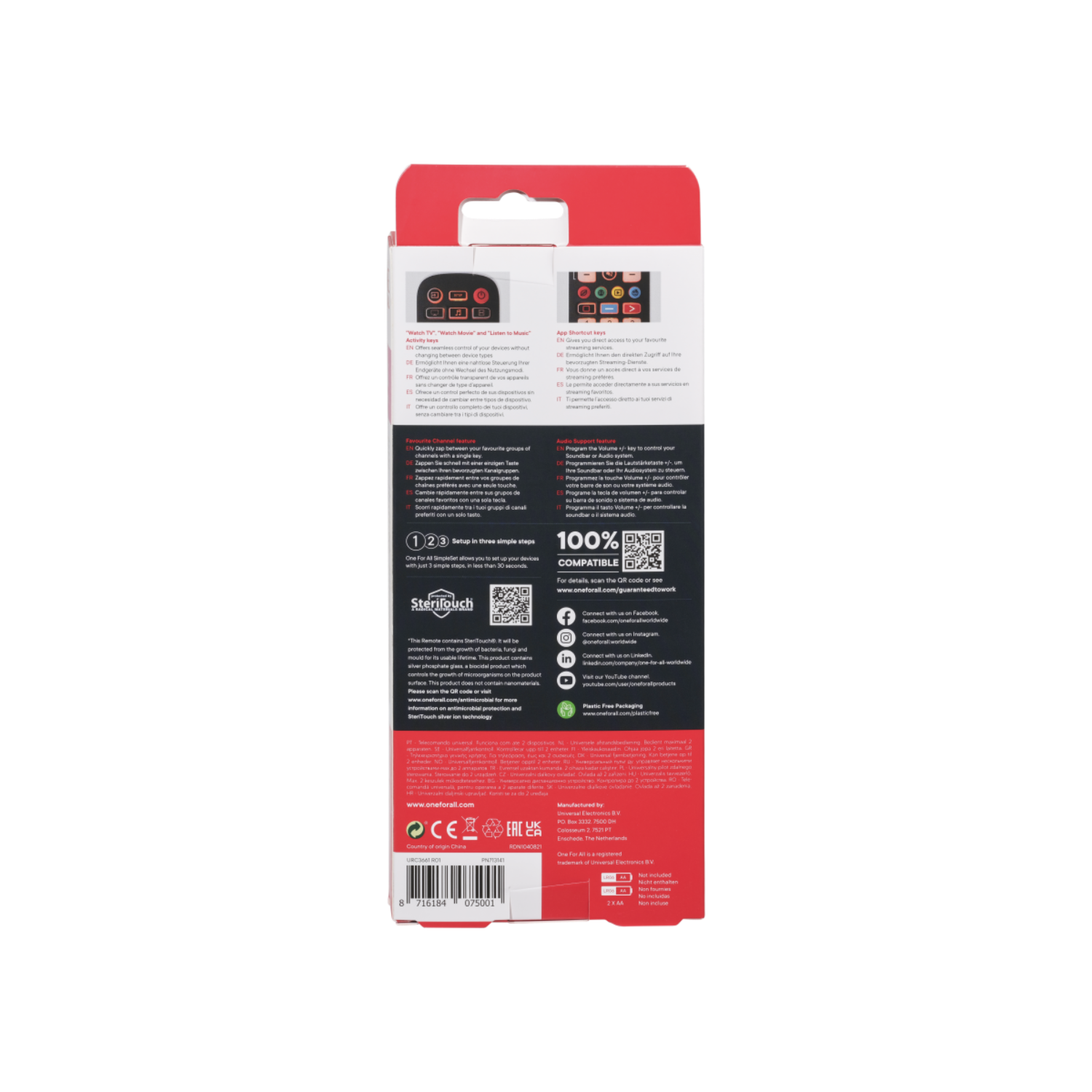 Tył pudełka urządzenia SteinTouch. Tekst w wielu językach. Zawiera kody QR i informacje o produkcie.