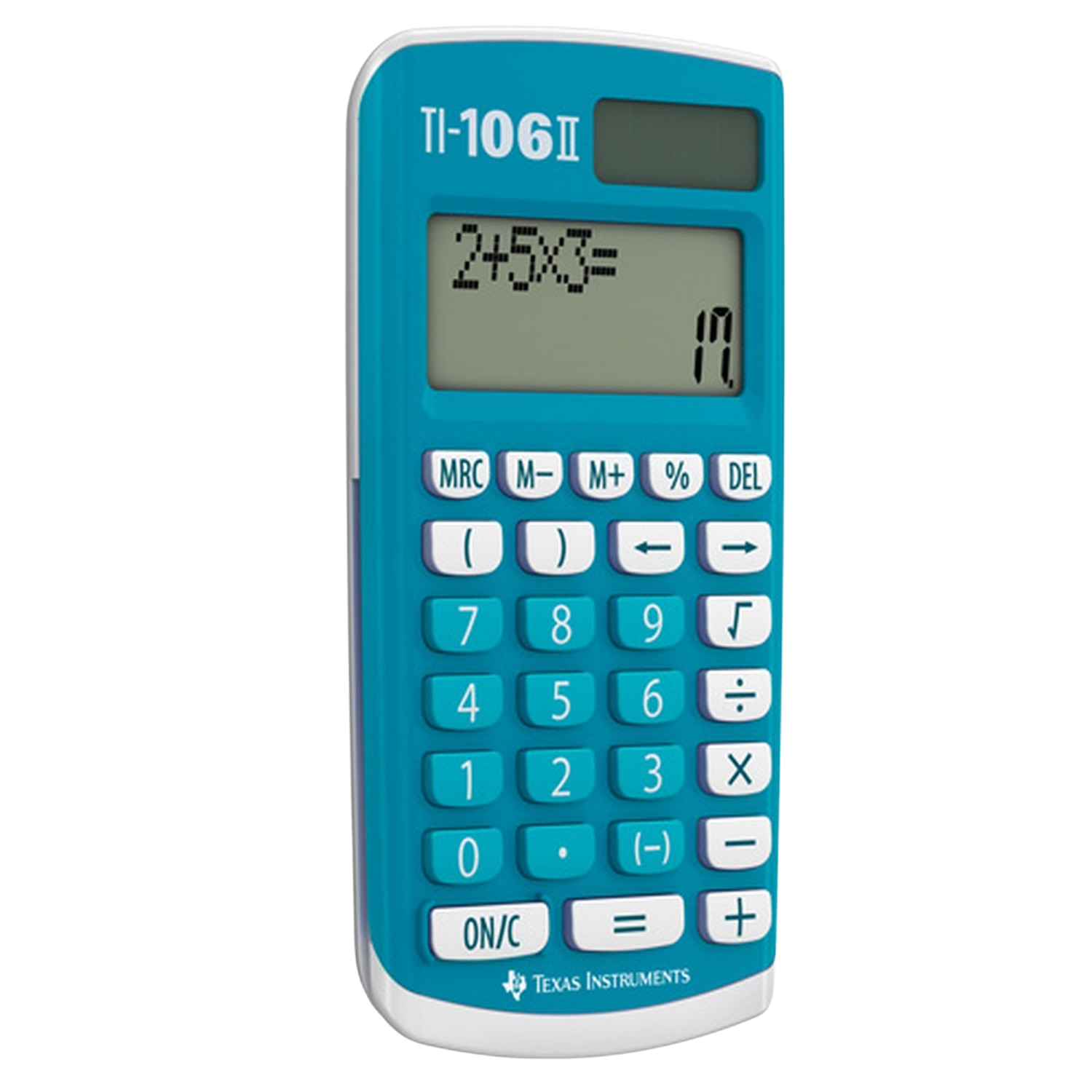 Ein blauer TI-106II-Rechner mit der Gleichung 2+5x3=17.