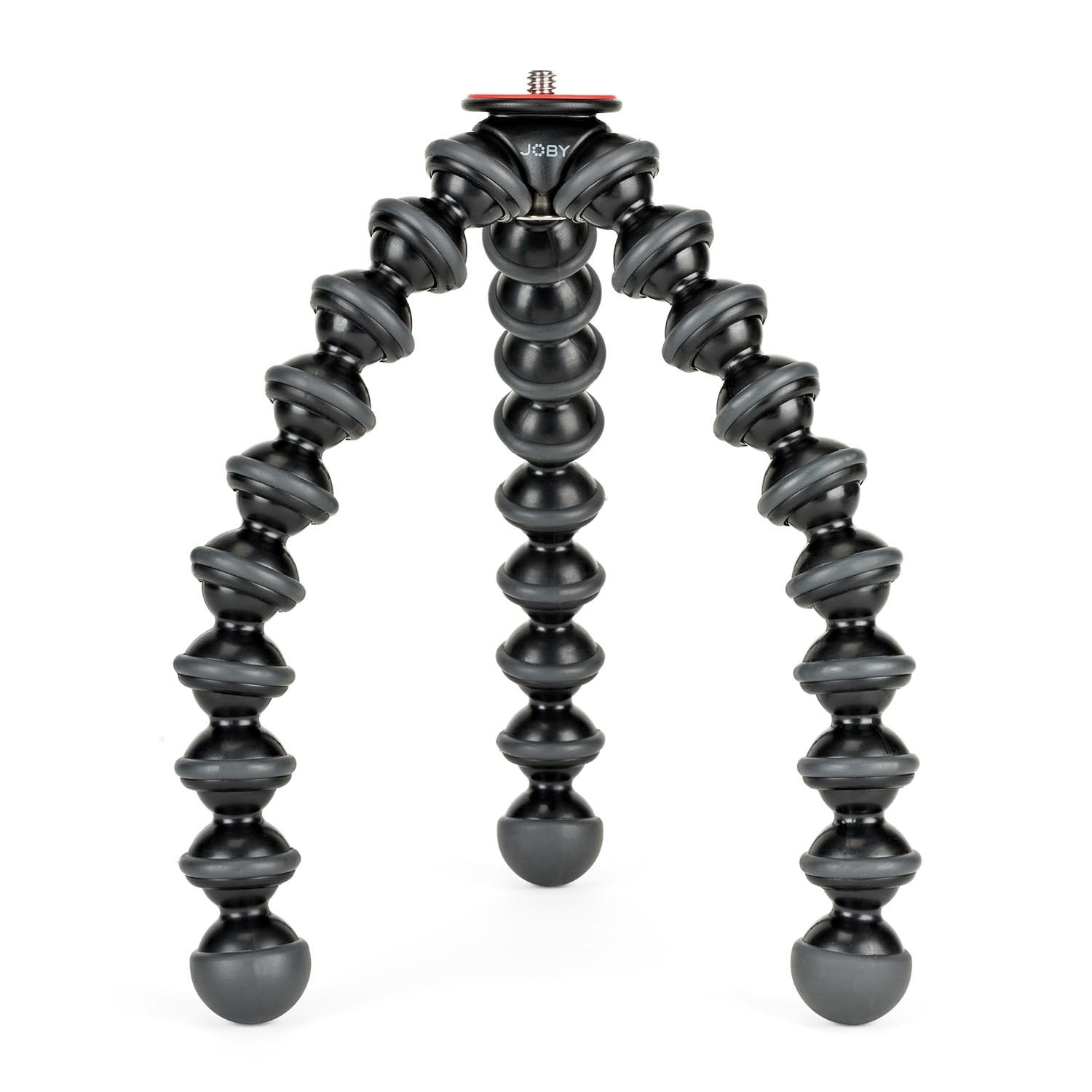 Un trípode flexible negro y gris. Está sobre un fondo blanco.