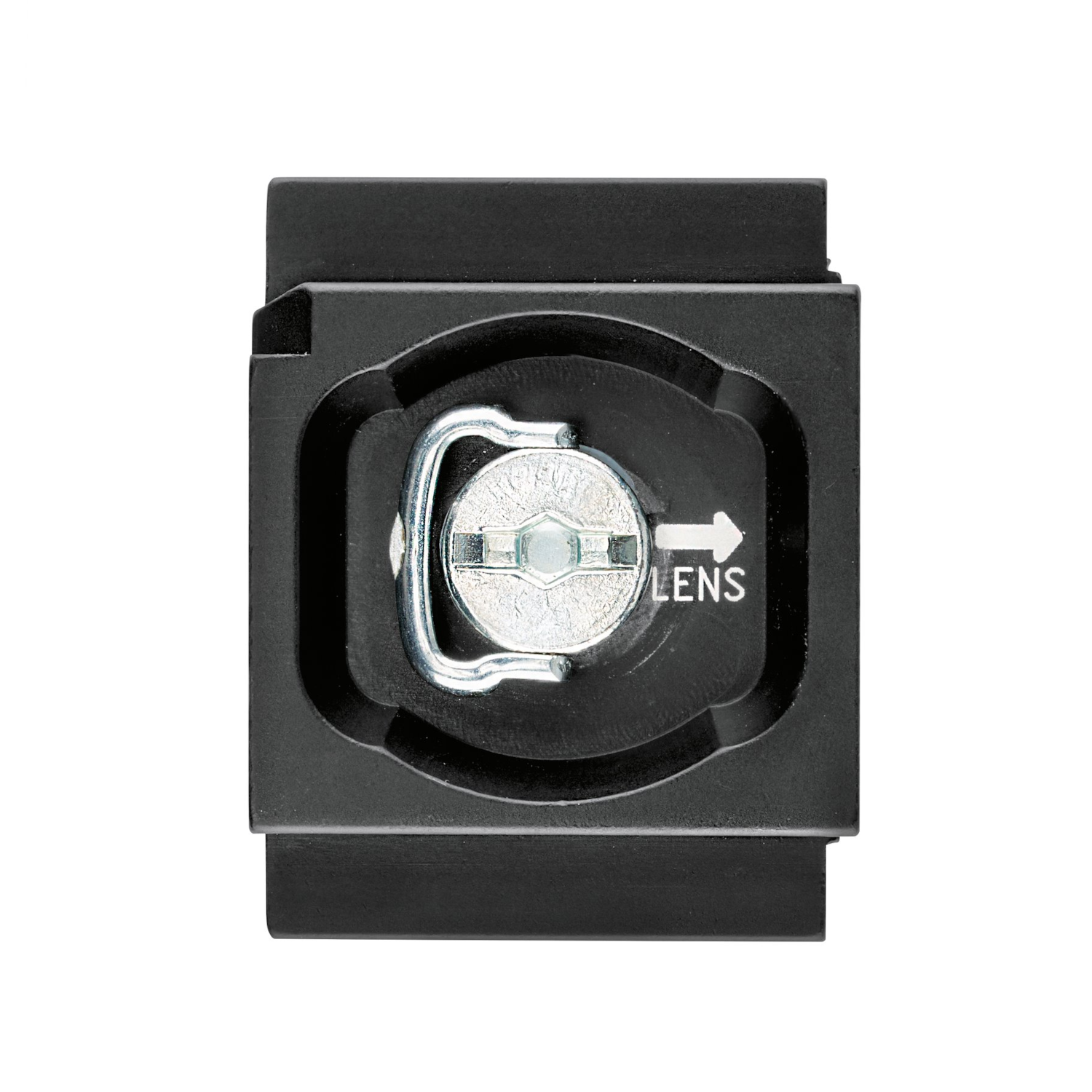 Schwarzes Metallgerät mit Objektivanschluss. Das Wort LENS und ein Pfeil sind sichtbar.