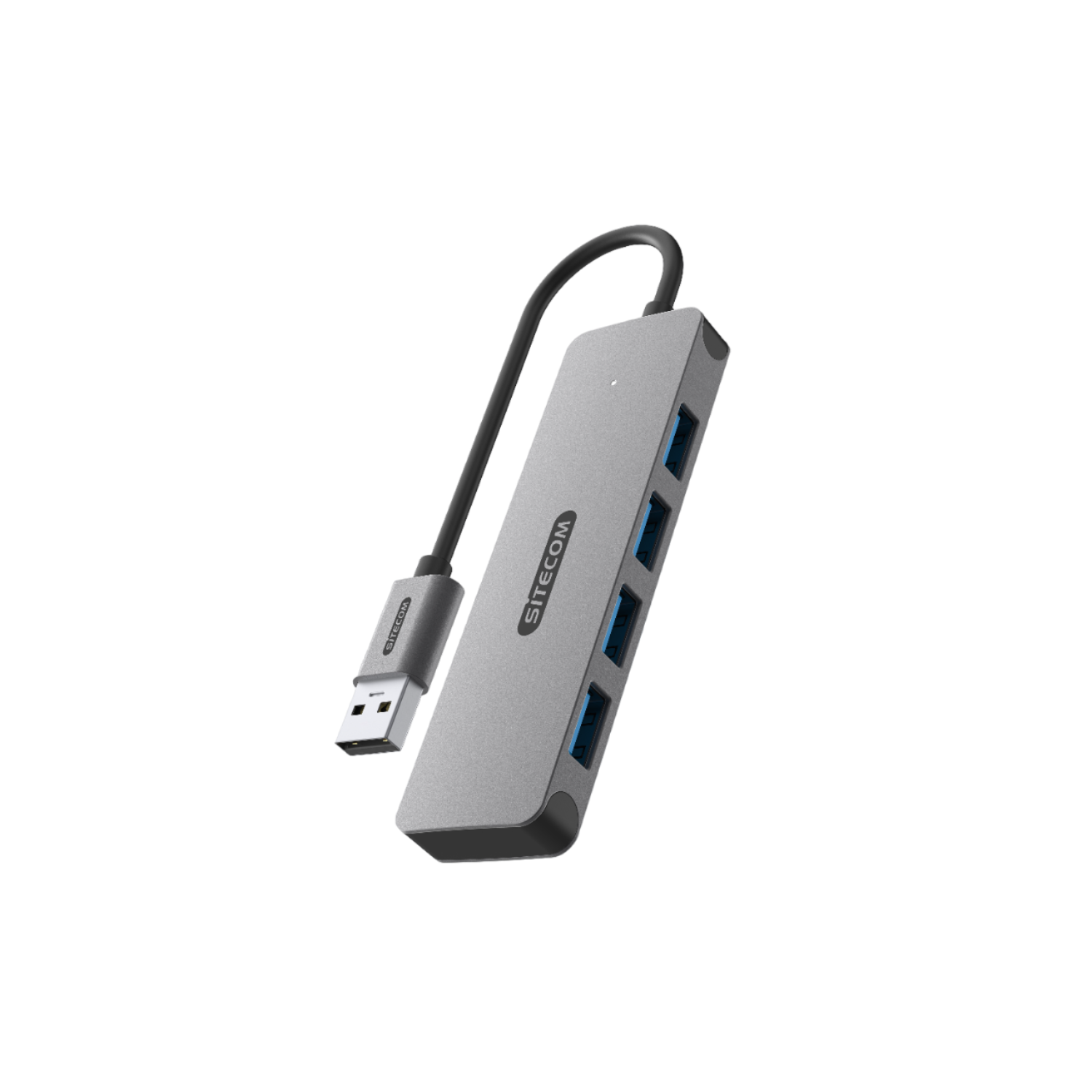 Hub USB Sitecom grigio con quattro porte e cavo USB collegato, isolato su sfondo nero.