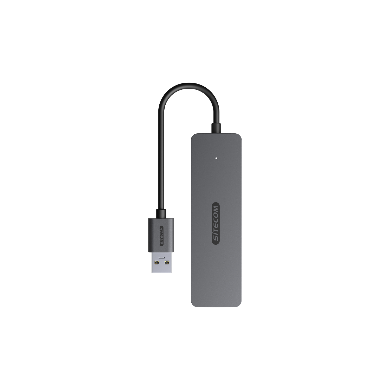 Un adattatore USB Sitecom grigio con un cavo nero su sfondo nero.