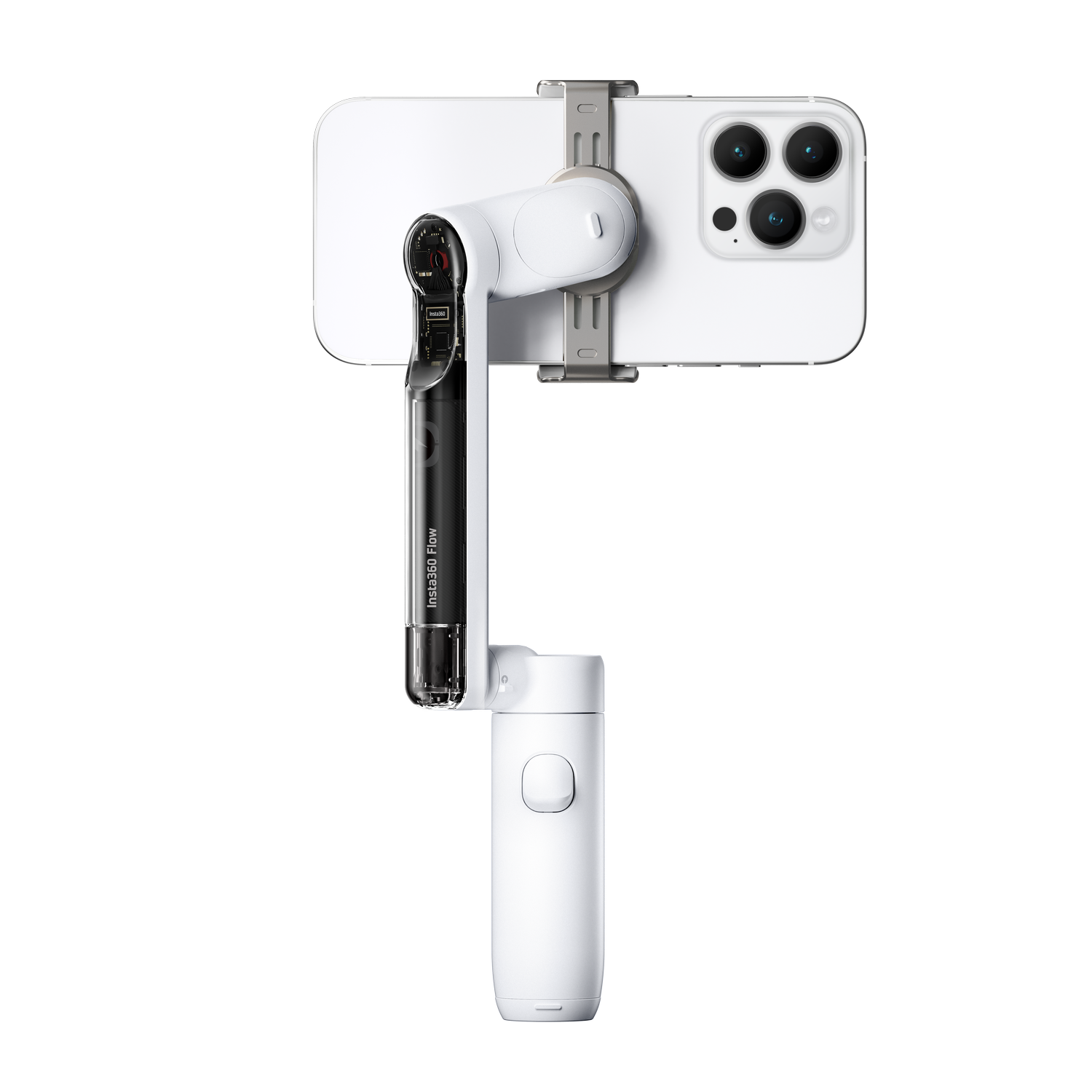 Biały telefon zamontowany na czarno-białym stabilizatorze. Telefon jest na czarnym tle.