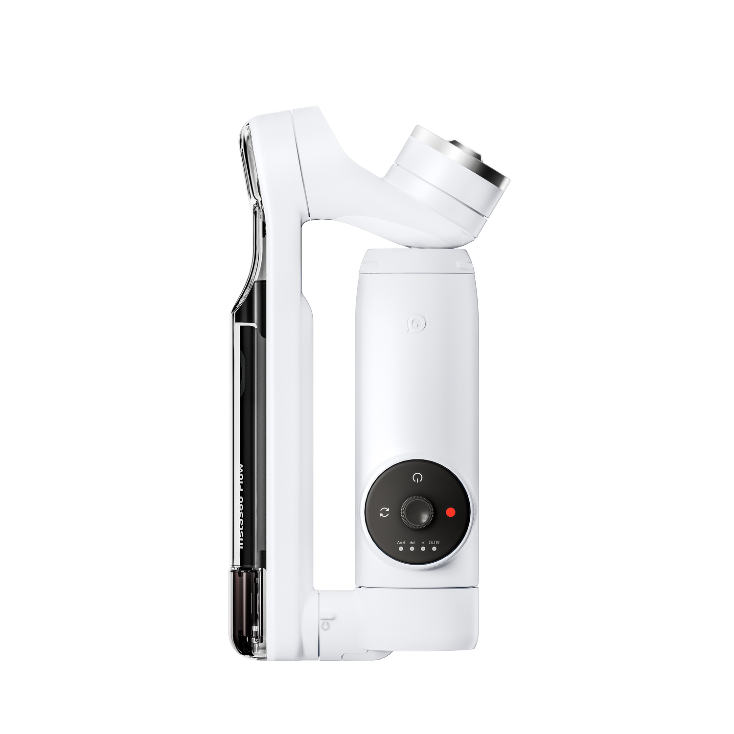 Biały gimbal ręczny, z czarnym uchwytem i czerwonym przyciskiem.