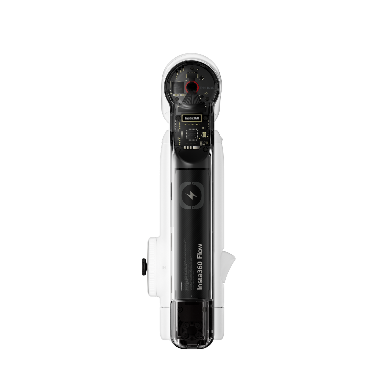 Insta360 Flow pokazano z widokiem przekroju. Urządzenie jest biało-czarne z wewnętrznymi komponentami.