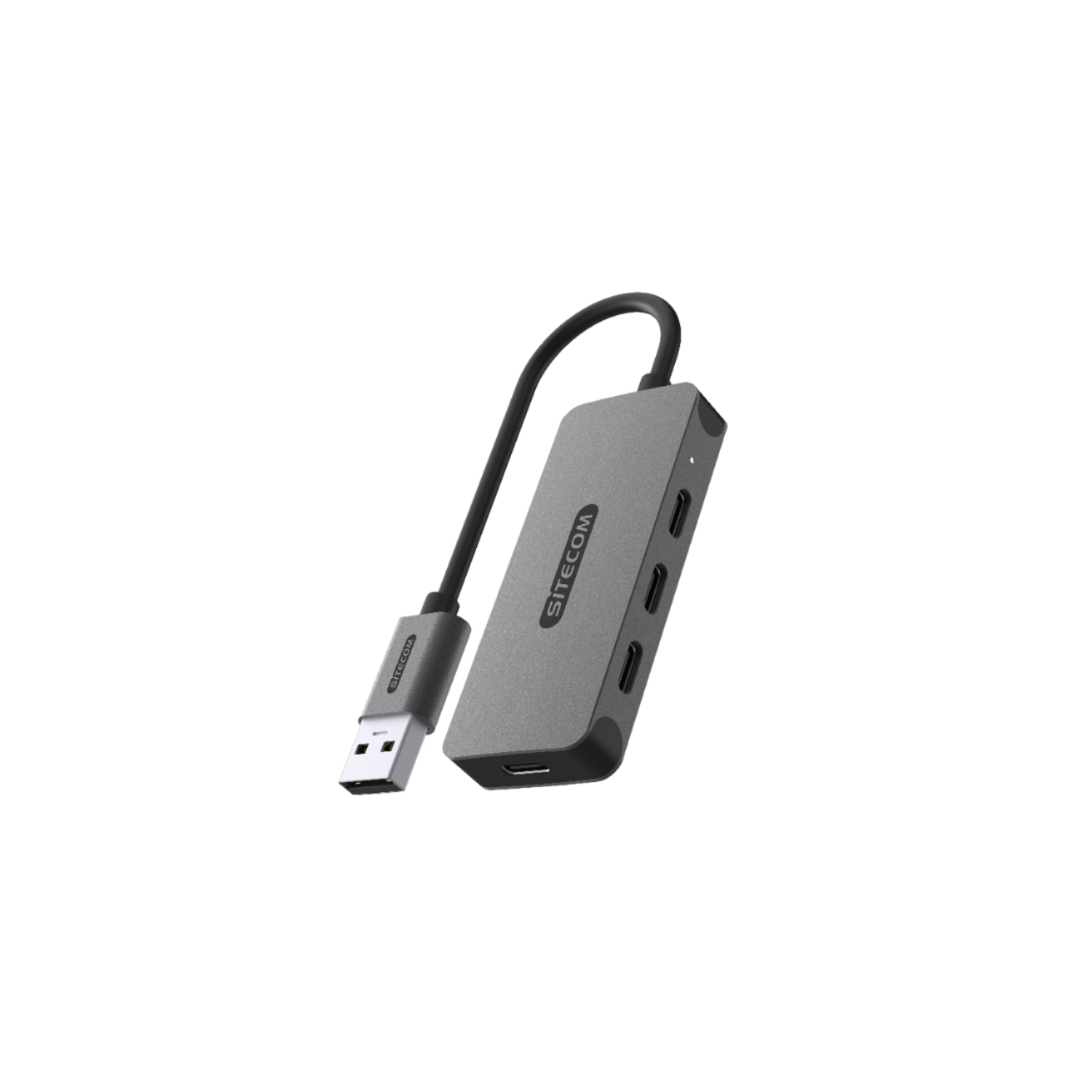 Hub USB grigio Sitecom con cavo nero, connettore USB a sinistra.