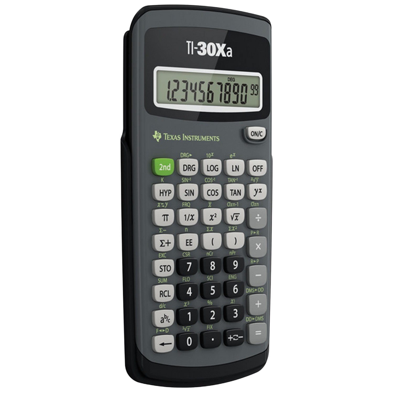 Calculatrice noire avec affichage numérique, boutons gris, fond blanc.