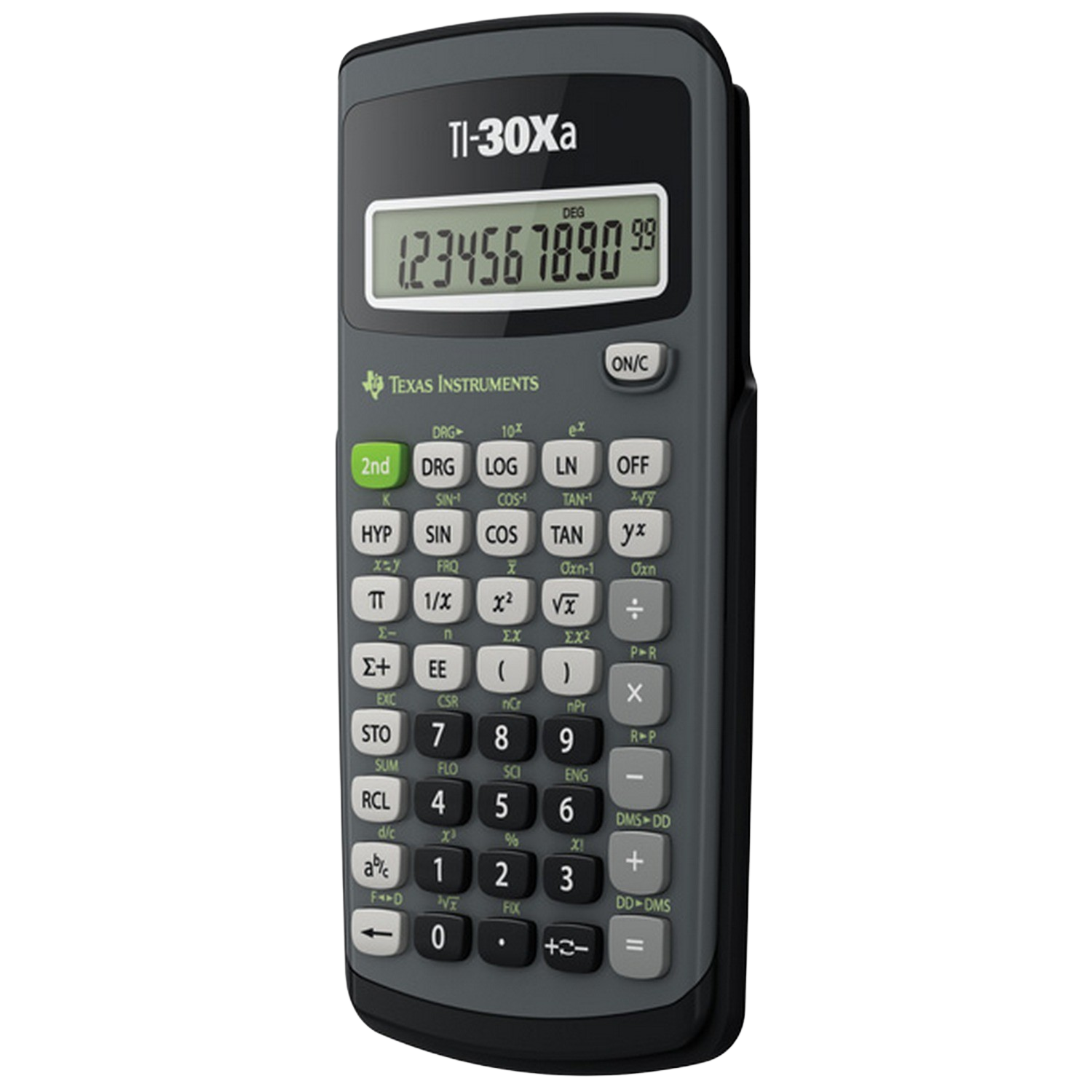 Calculatrice Texas Instruments avec corps gris foncé et boutons gris clair, sur une surface noire.