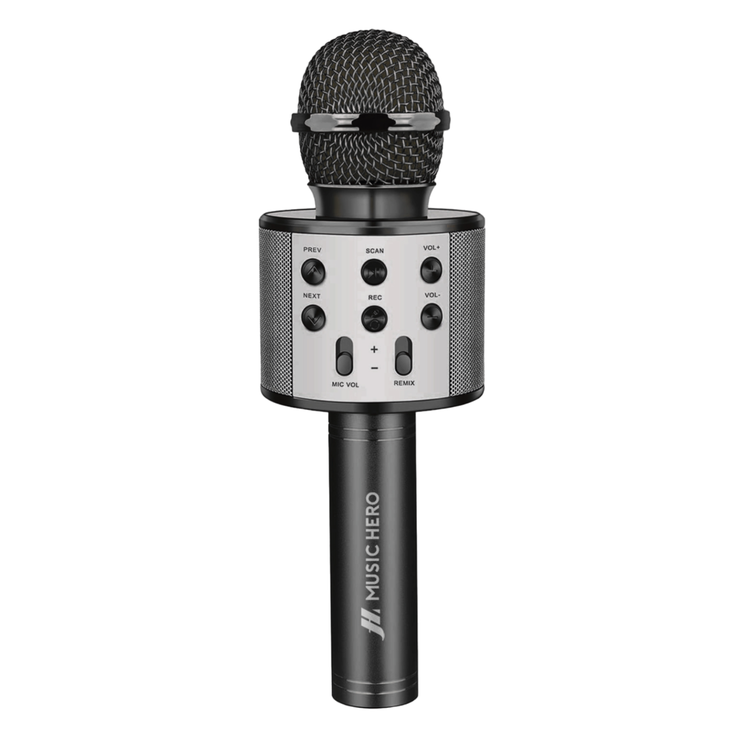 Un microfono Music Hero nero e argento con pulsanti e una base cilindrica.