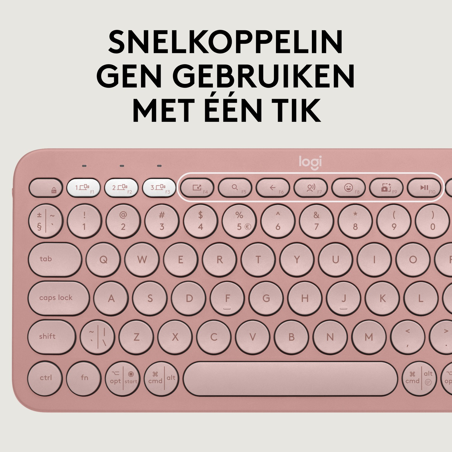 Zbliżenie na różową klawiaturę. Białe klawisze, czarne litery i klawisze funkcyjne na górze.