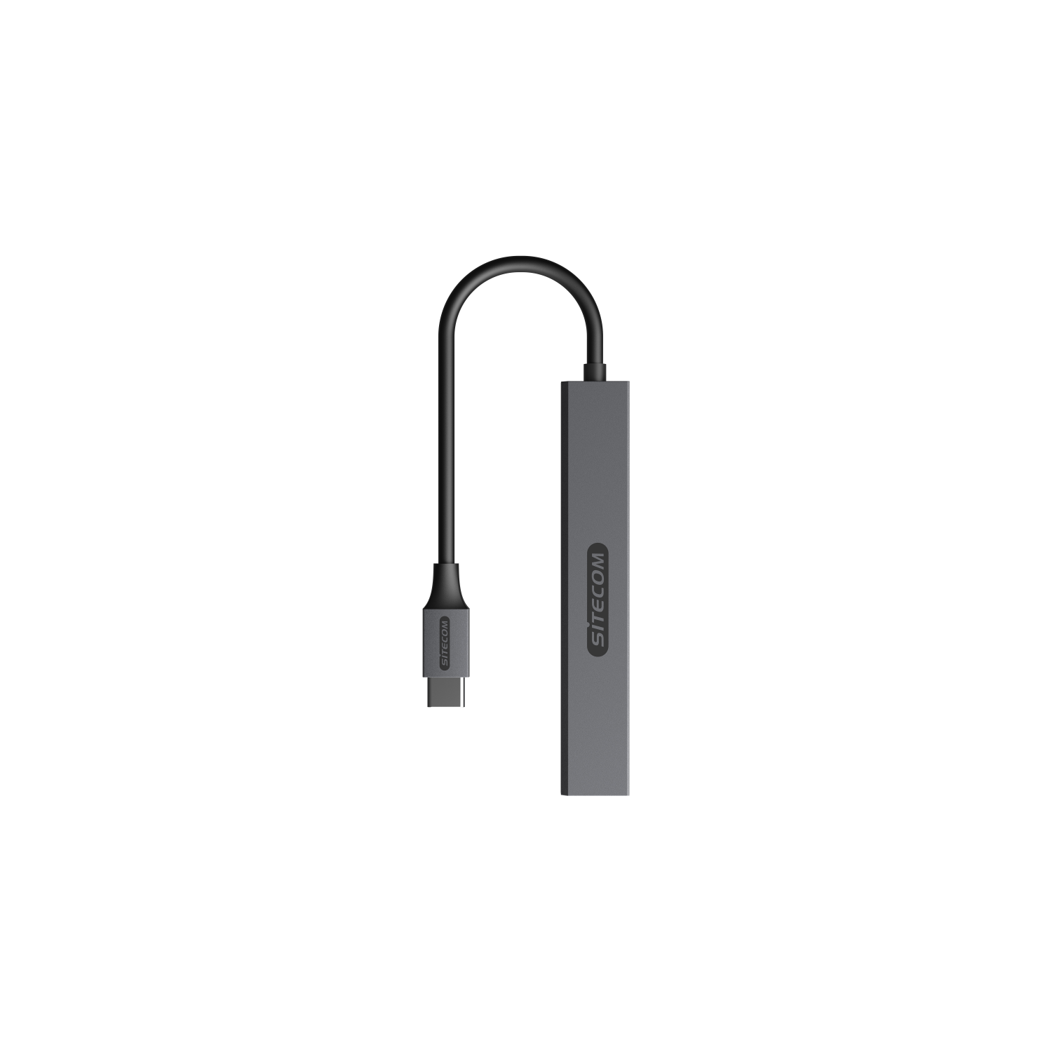 Grauer Sitecom USB-C-Adapter. Angeschlossenes Kabel und Stecker.