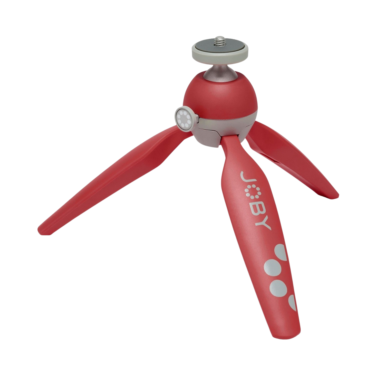 Red and grey mini tripod. Three legs with white dots. 'JOBY' brand name on the legs. Black background.