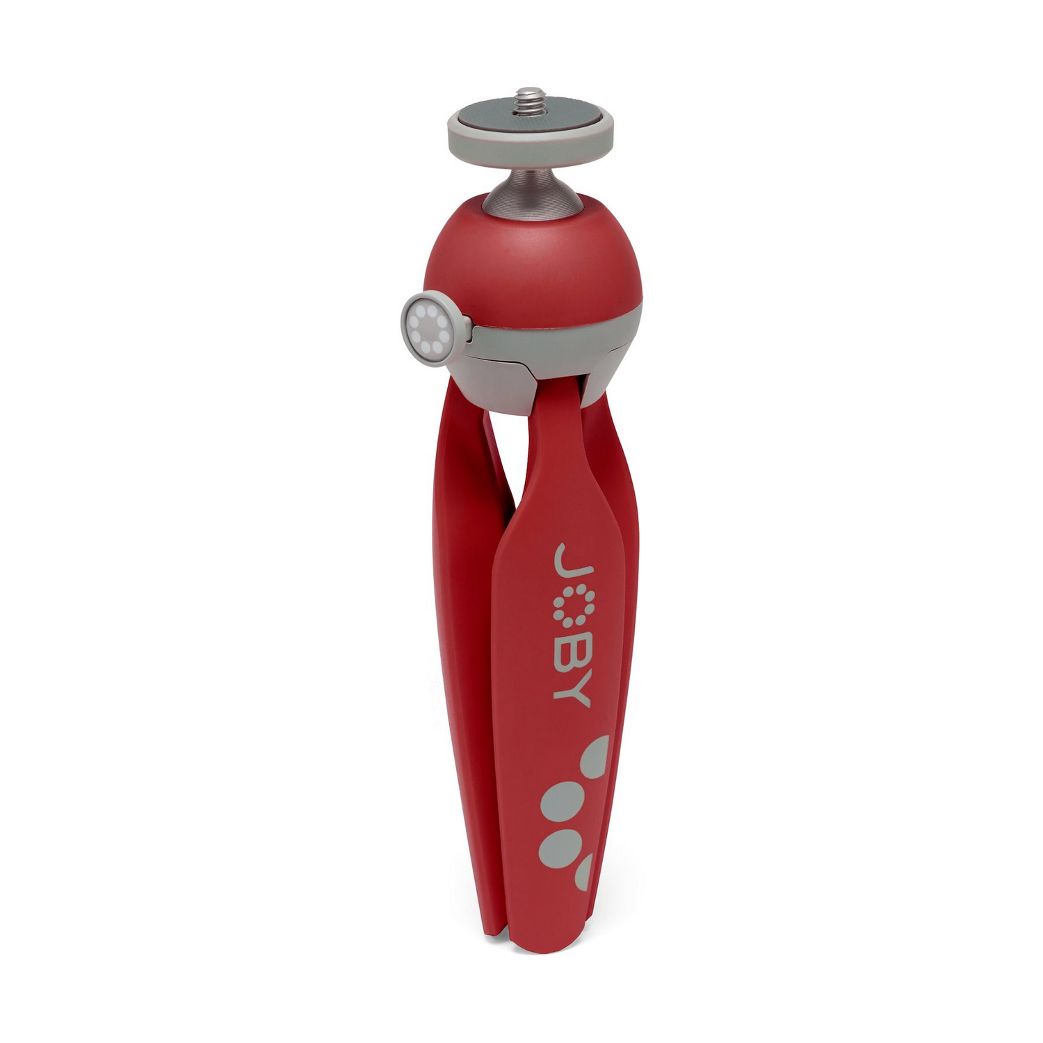 Red and grey Joby tripod. Red legs, grey top, and a grey ball head. White background.