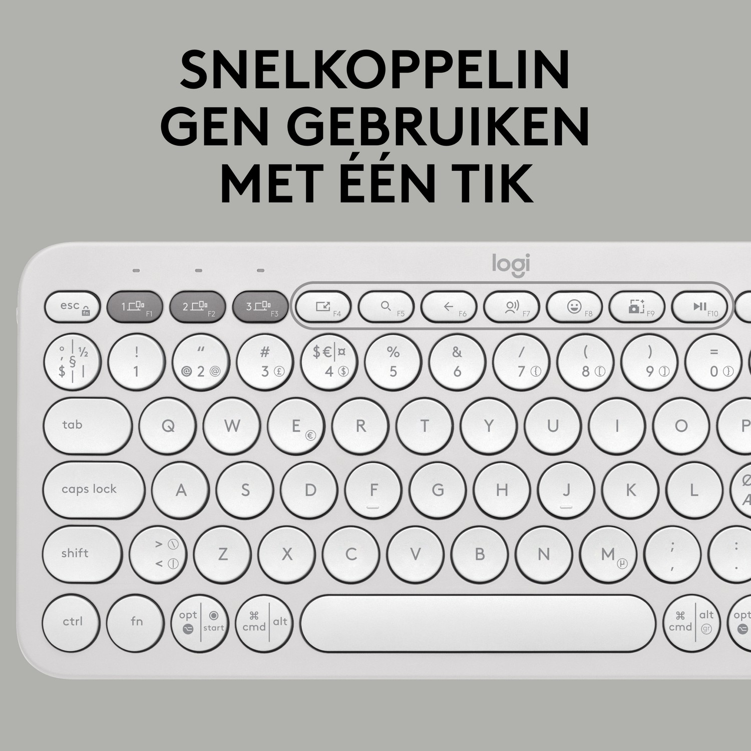 Biała klawiatura z tekstem u góry. Klawiatura ma wiele klawiszy i logo Logitech.