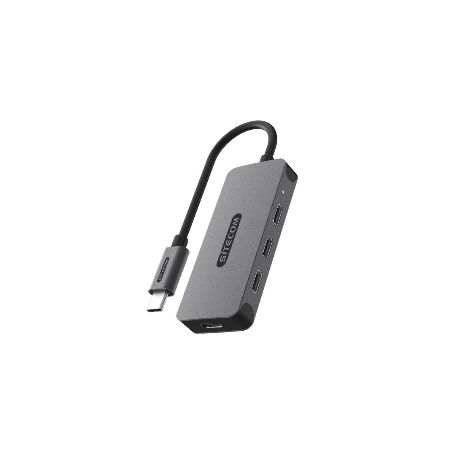 Un hub USB-C Sitecom grigio con diverse porte. L'hub è su sfondo nero.
