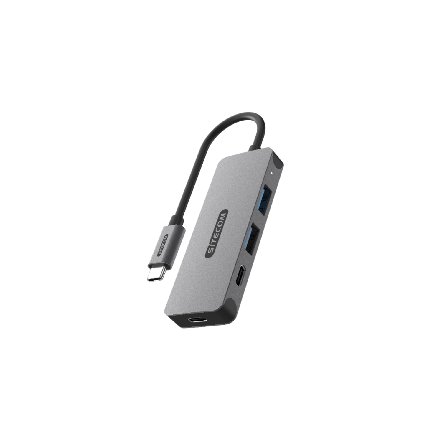 Gray Sitecom USB hub with three ports and a connected USB cable. Isolated on black background.