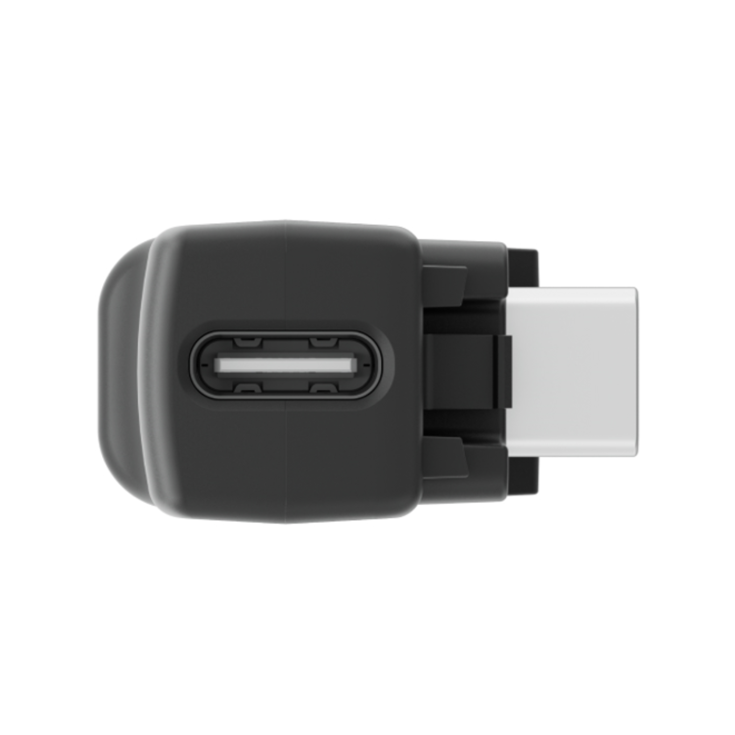 Adattatore USB-C nero. Mostra la porta USB-C e il connettore USB-A affiancati.
