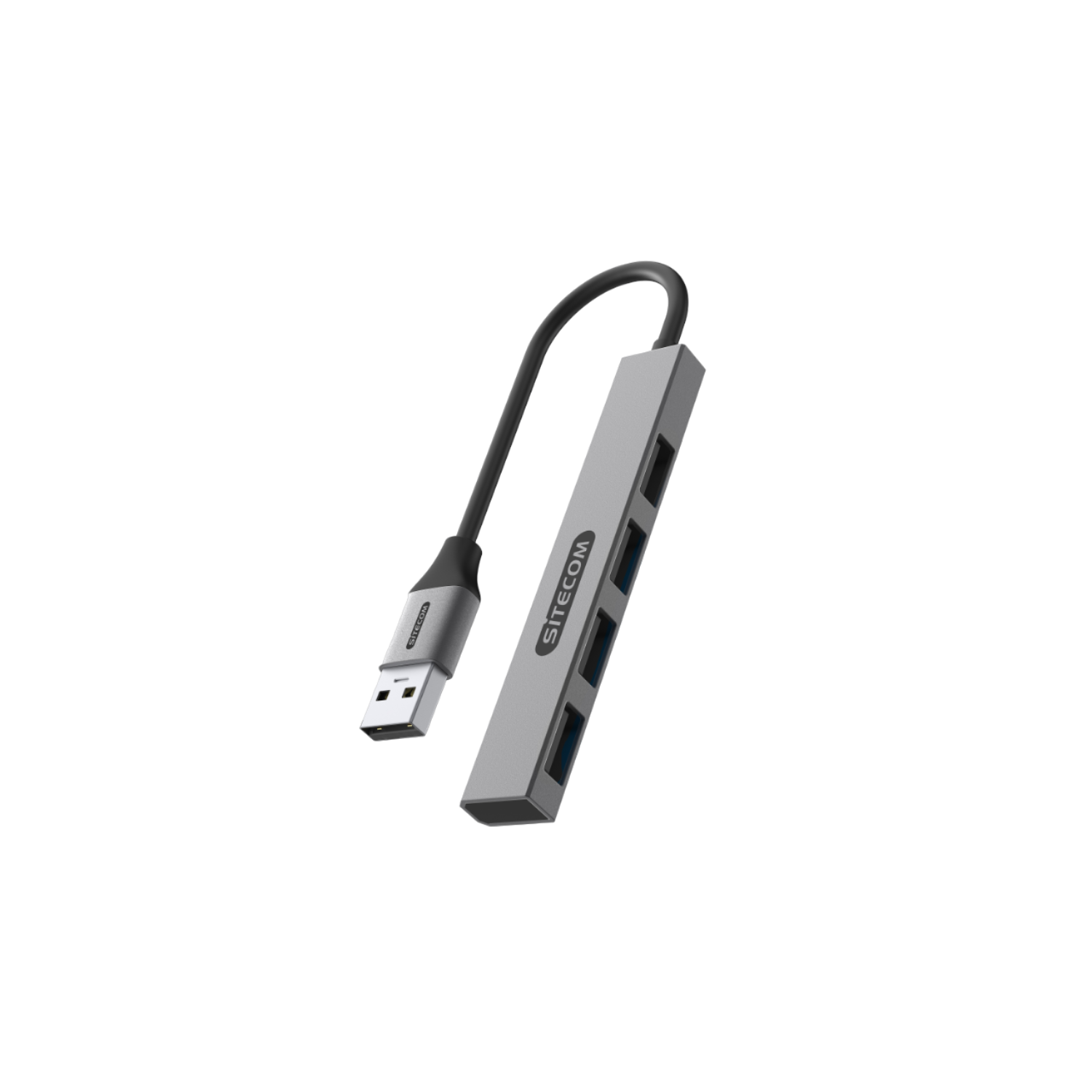 Un hub USB grigio con più porte e un cavo USB.