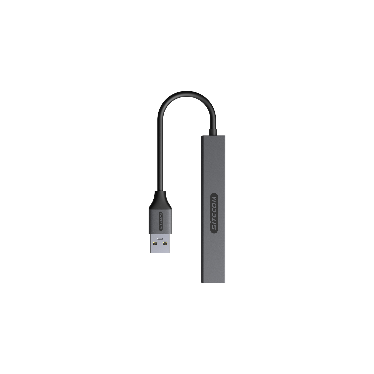 Un adattatore USB-C a USB Sitecom grigio. È su sfondo nero.