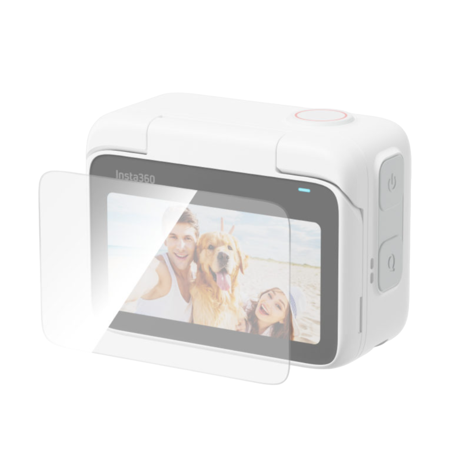 Biała kamera Insta360 z ekranem pokazującym parę i psa, z osłoną ochronną.