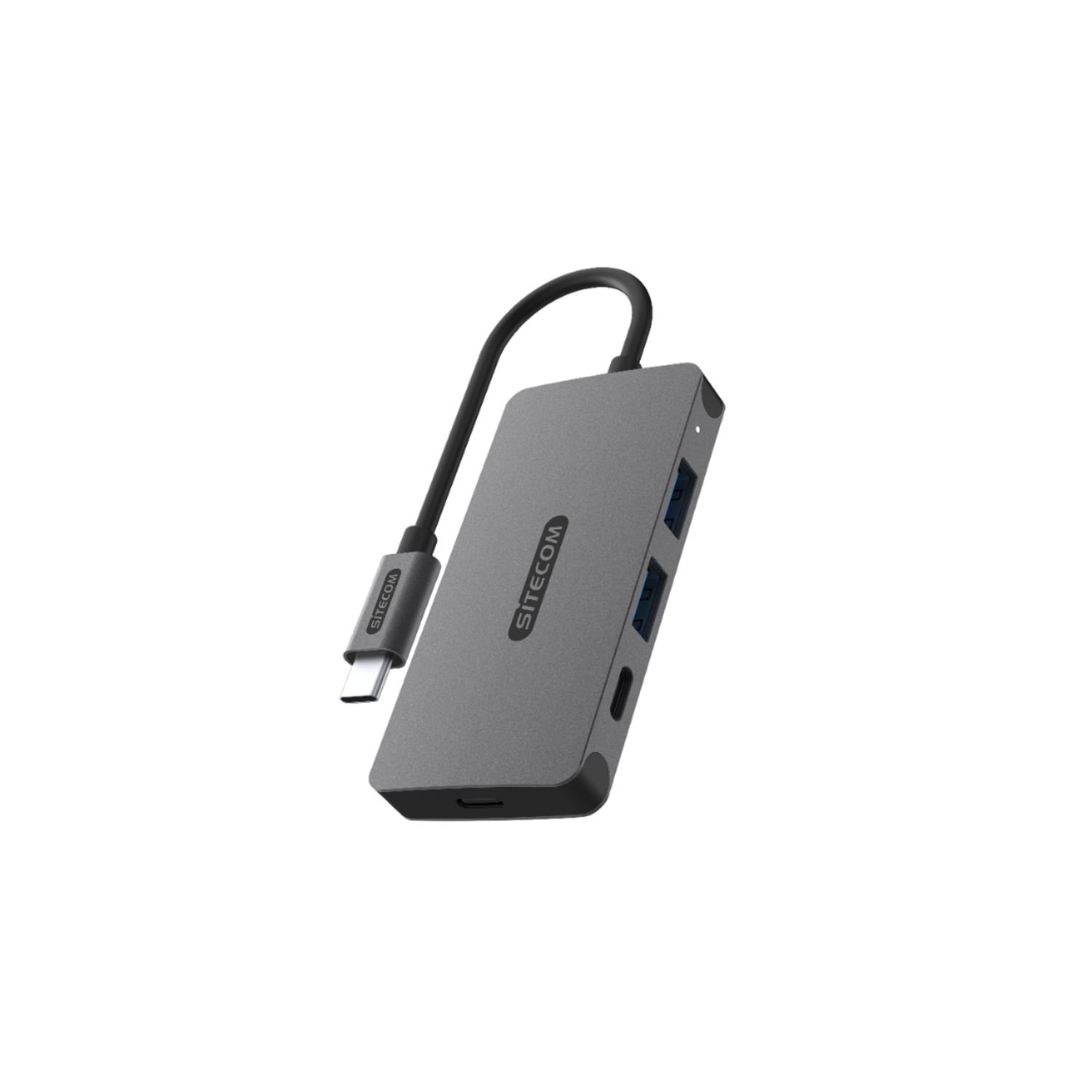 Un hub USB Sitecom grigio con cavo collegato. Ha più porte e un design minimalista.