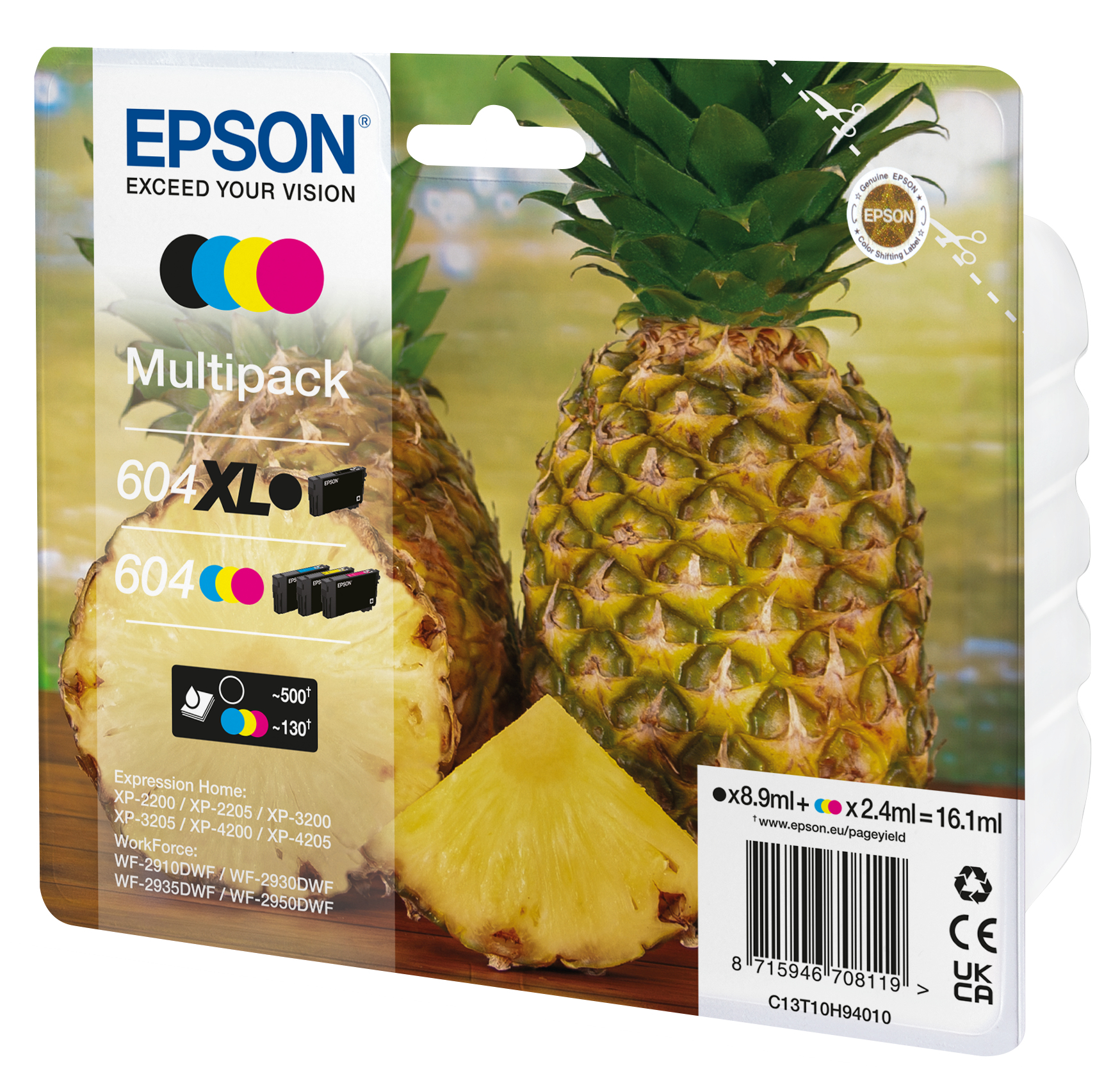 Kasety z tuszem Epson i krojony ananas na białym tle.