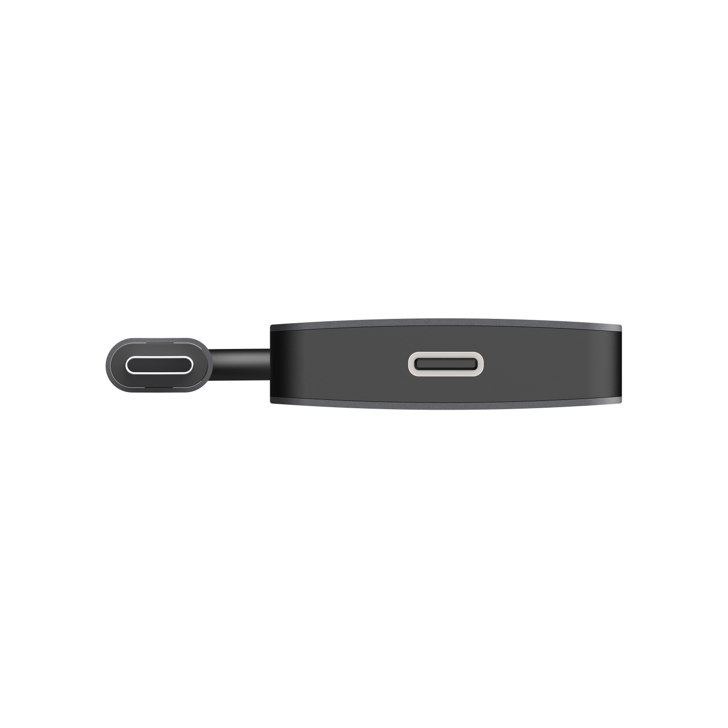 Adattatore USB-C nero con porta USB-C e connettore USB-C. Sfondo nero.