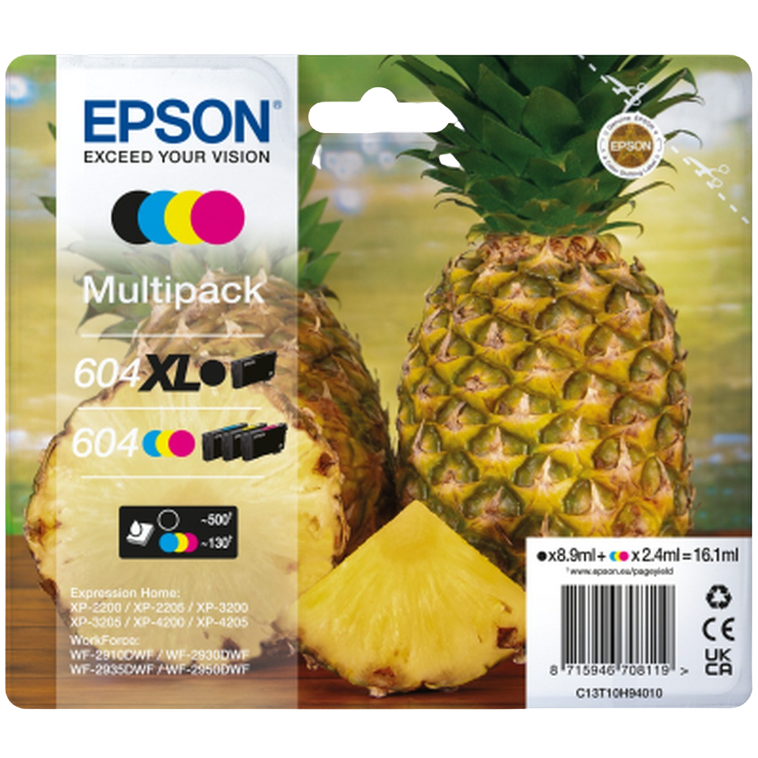 Zestaw wkładów atramentowych Epson z ananasami w tle.