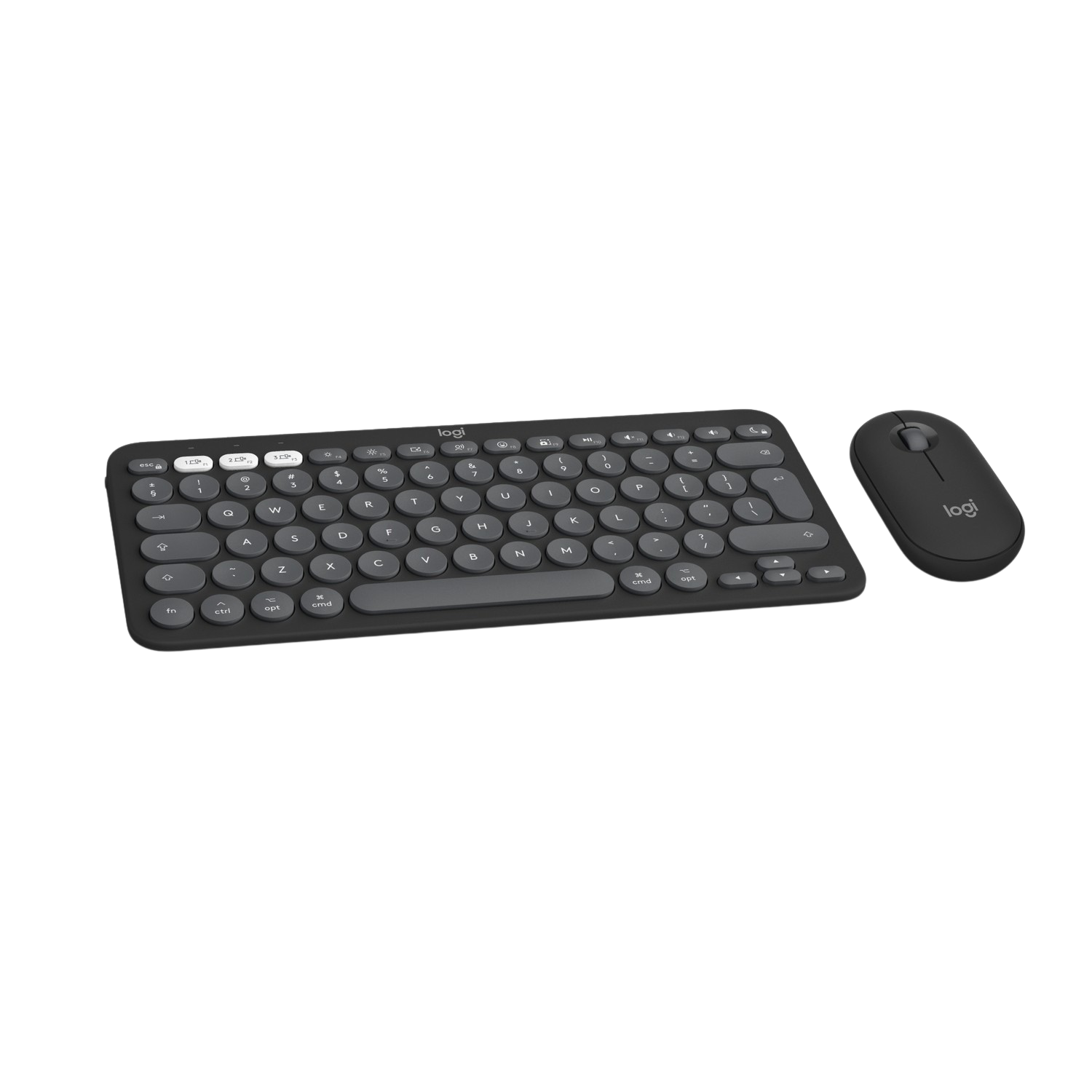 Czarna klawiatura i mysz. Zaokrąglony design. Marka Logitech. Czarne tło.