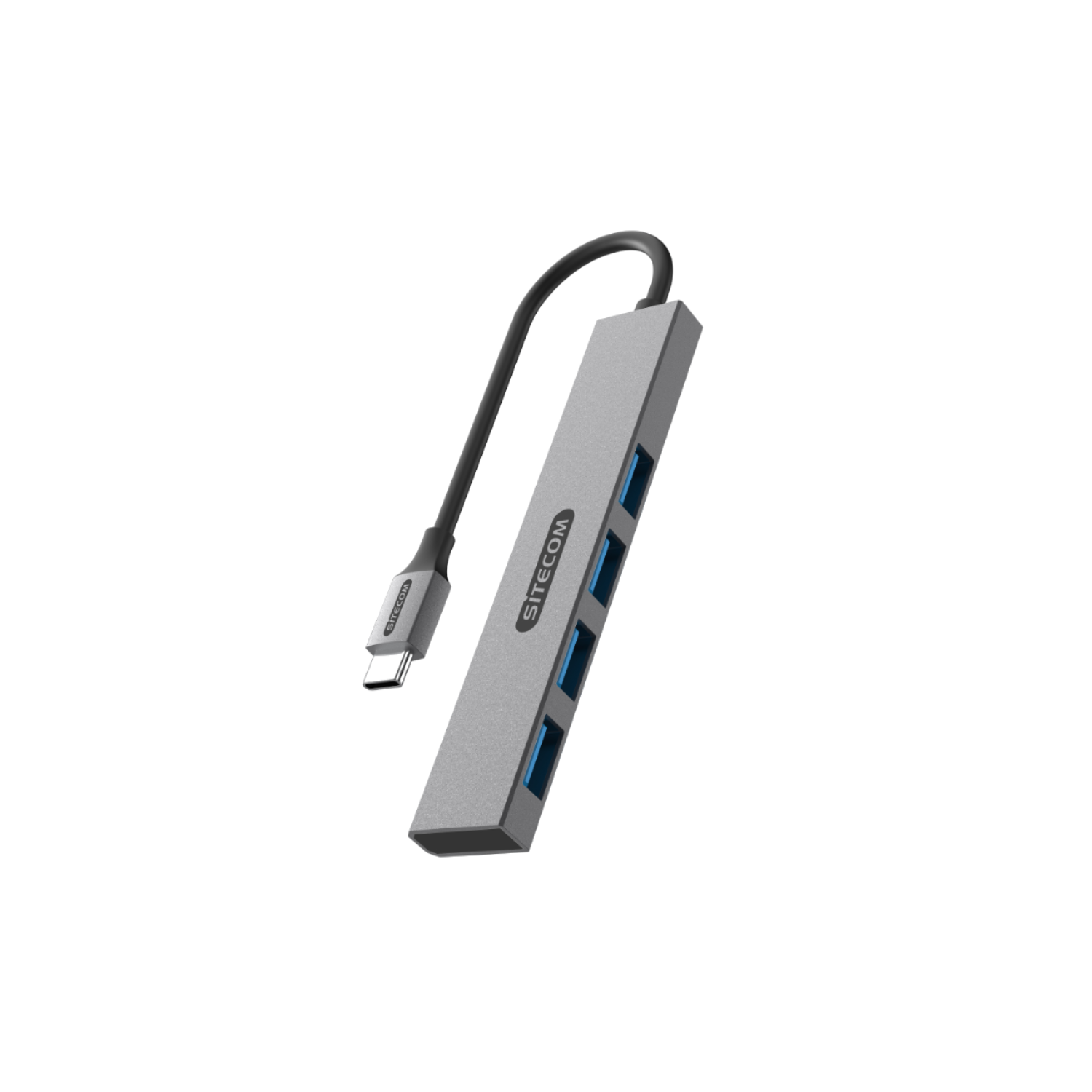 Sitecom grauer USB-Hub mit schwarzem Kabel, vier USB-Anschlüsse. Schwarzer Hintergrund.