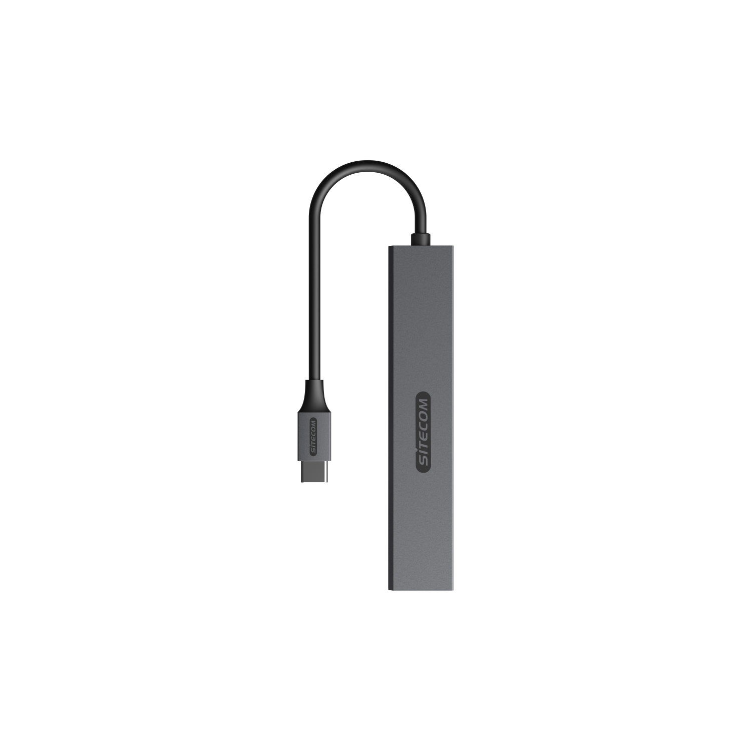 USB-C-zu-USB-Adapter, grau. Schwarzes Kabel. Marke Sitecom. Weißer Hintergrund.
