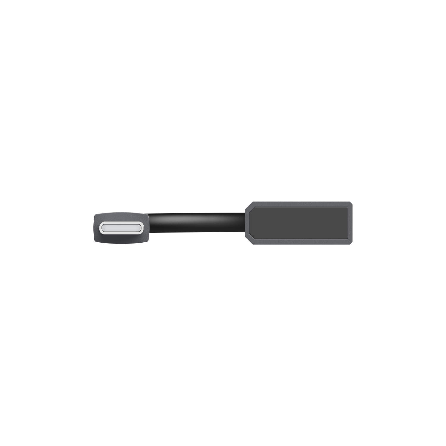 Ein schwarzes Kabel mit rechteckigem Stecker. Einfaches Design auf weißem Hintergrund.