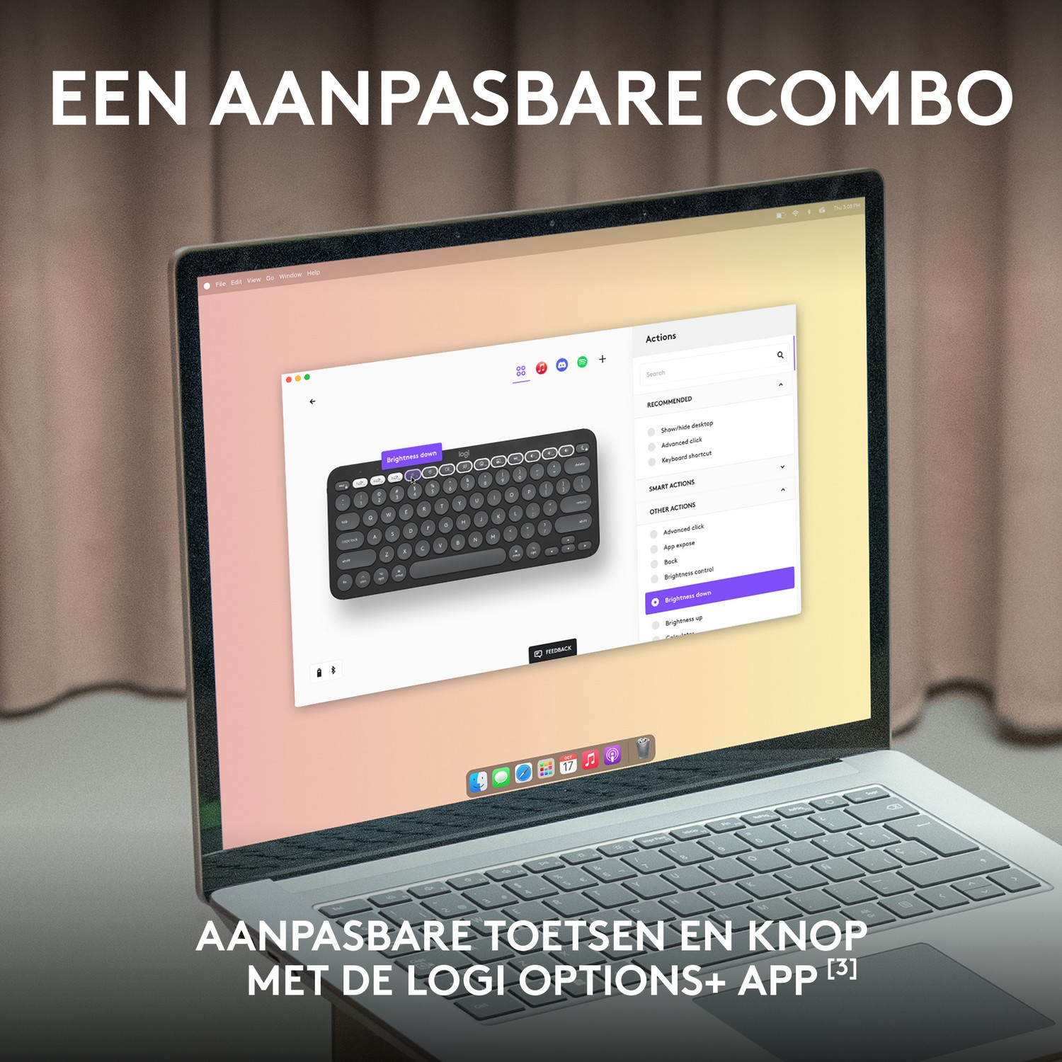 Ekran laptopa wyświetlający układ klawiatury, z tekstem 'aanpasbare combo'.