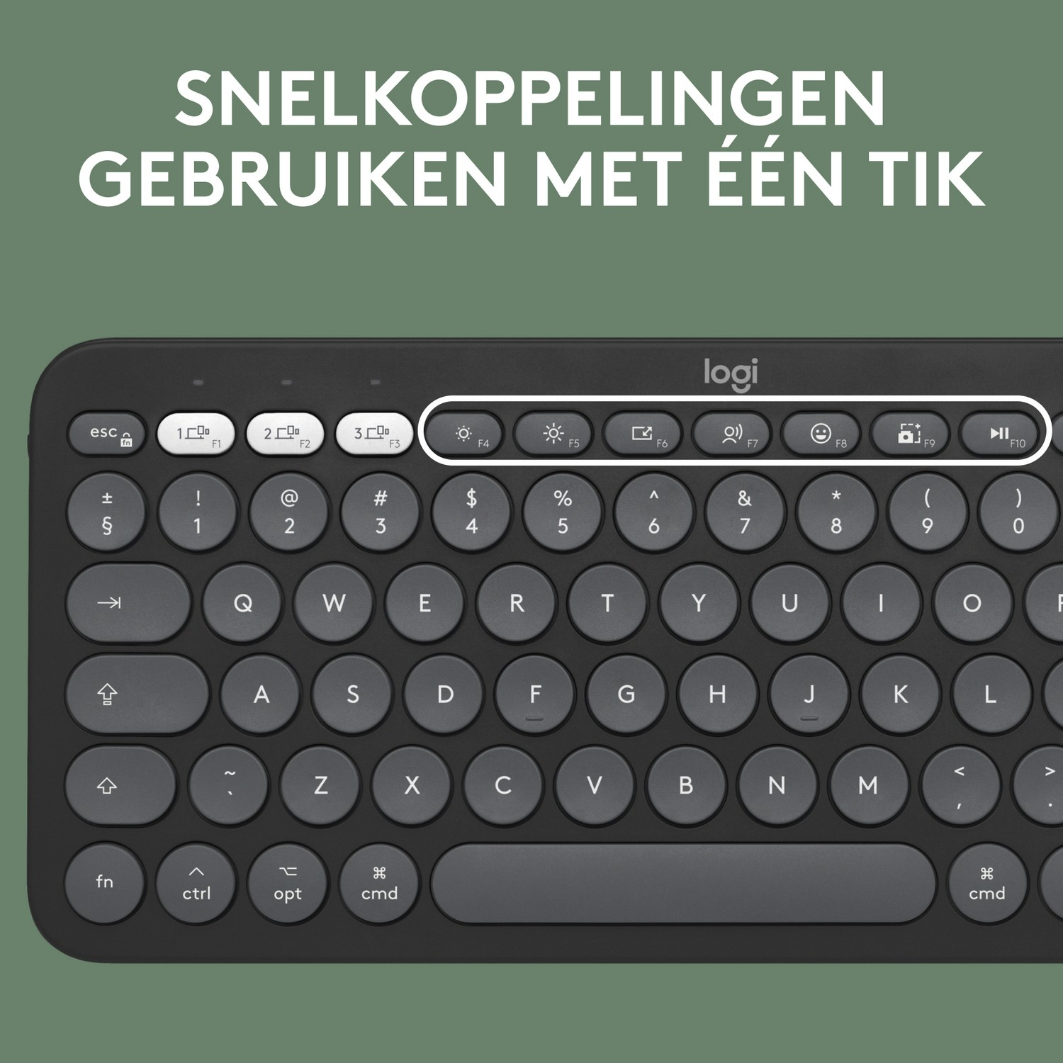 Ciemnoszara klawiatura z okrągłymi klawiszami i klawiszami funkcyjnymi, biały tekst na czarnym tle.