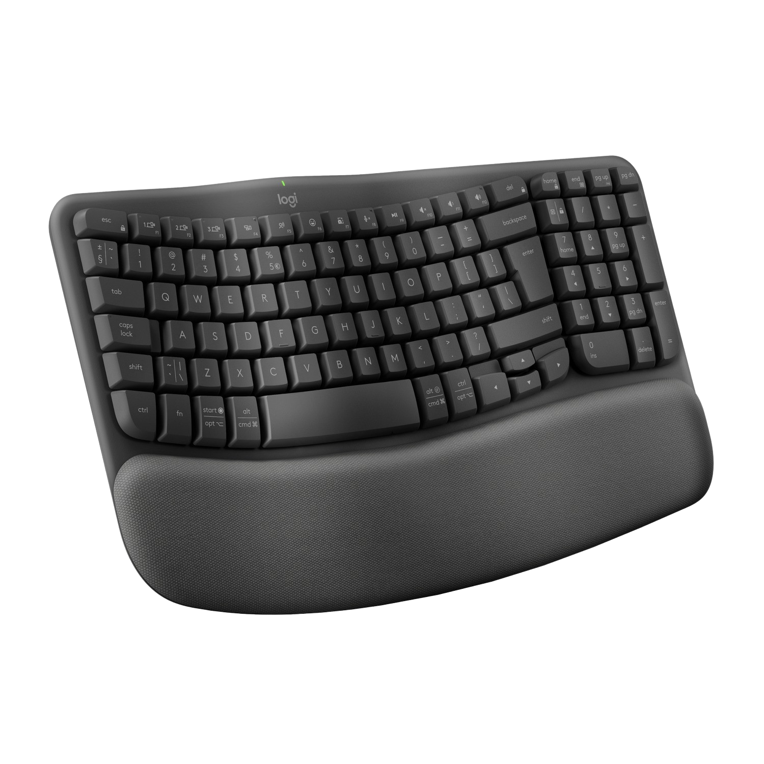 Ciemnoszara ergonomiczna klawiatura o zakrzywionym kształcie i podpórce pod nadgarstek.