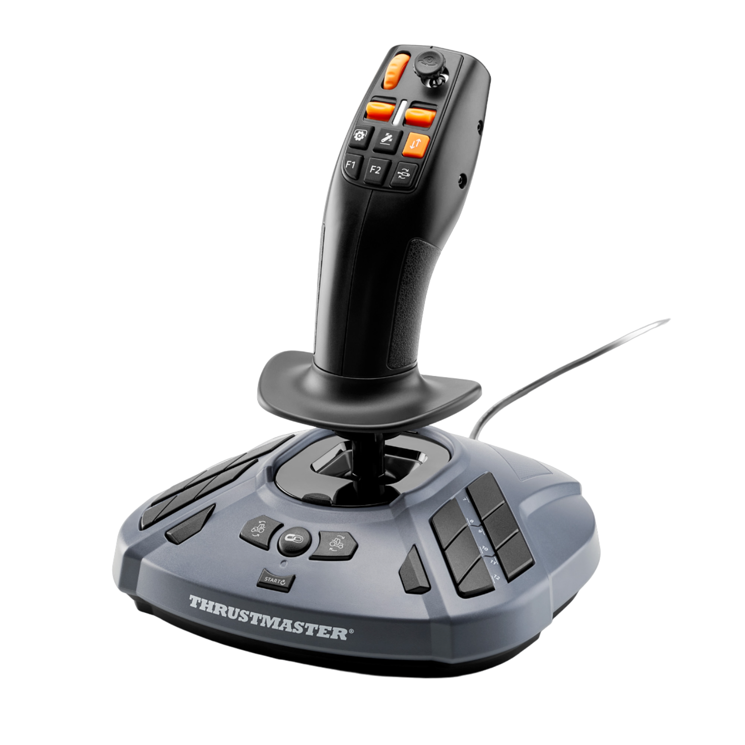 Czarny i szary joystick z pomarańczowymi przyciskami. Czarne tło.